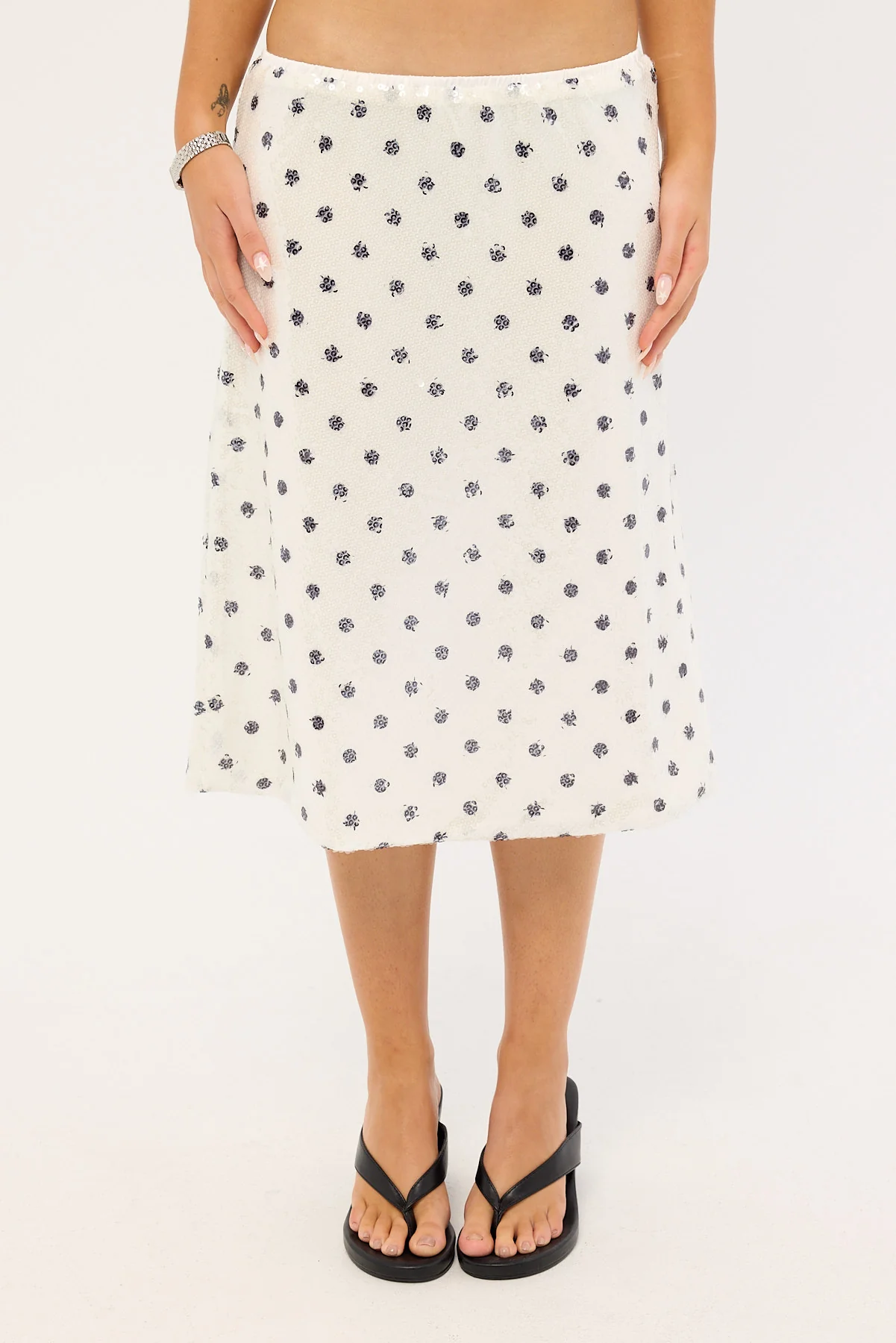 Luck & Trouble Posey Sequin Polka Midi Skirt White Polka - Image 7