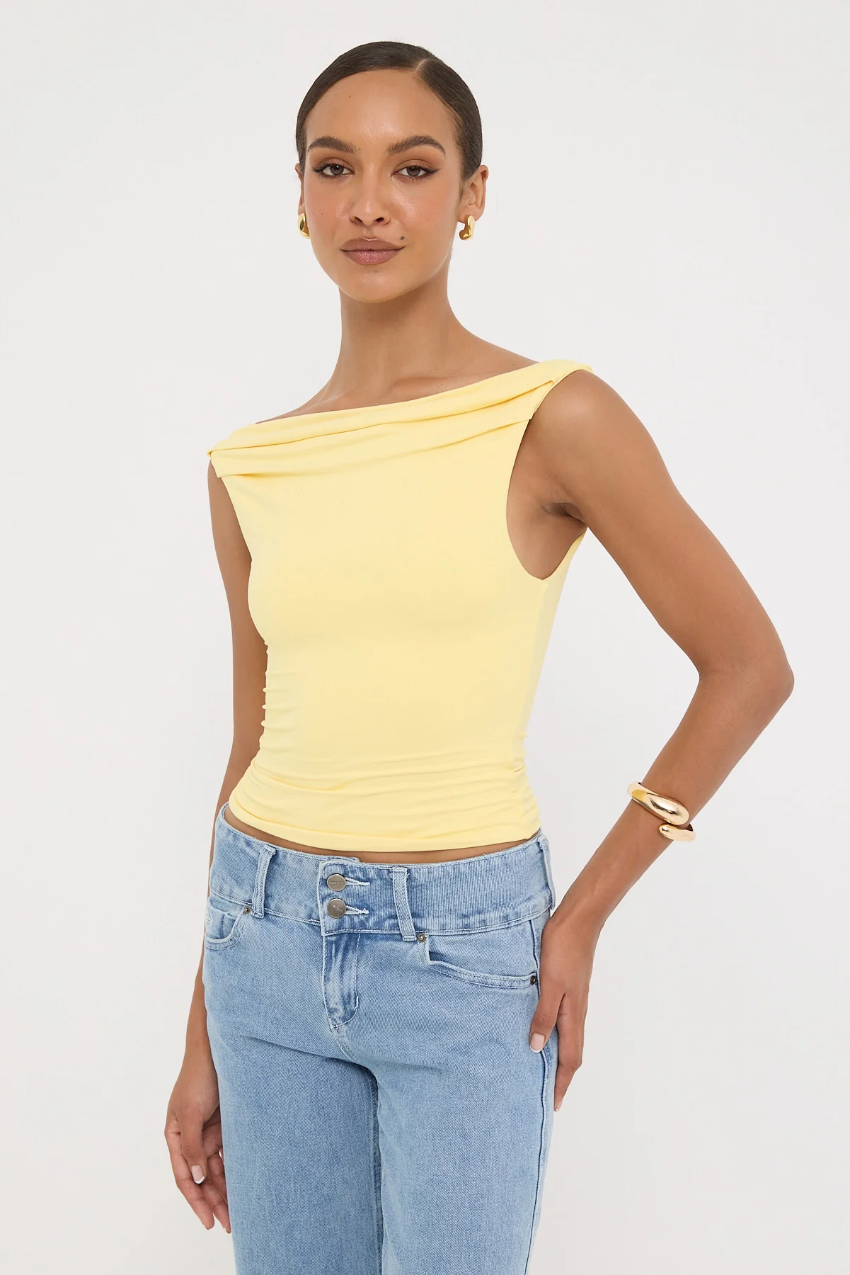 Luck & Trouble Raquel Ruched Sleeveless Top Lemon - Image 3