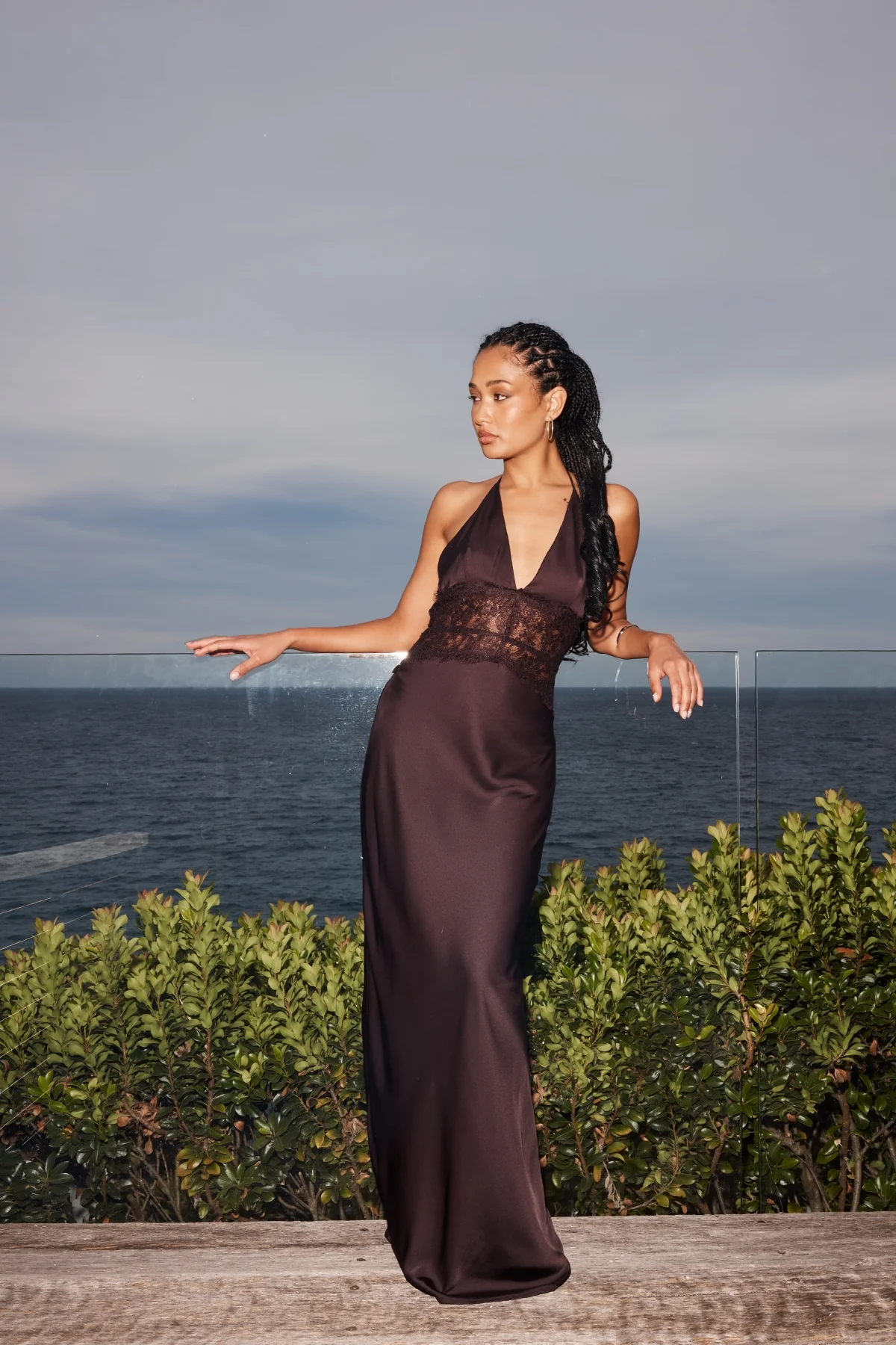 Luck & Trouble Rietta Lace Halter Maxi Dress Dark Brown
