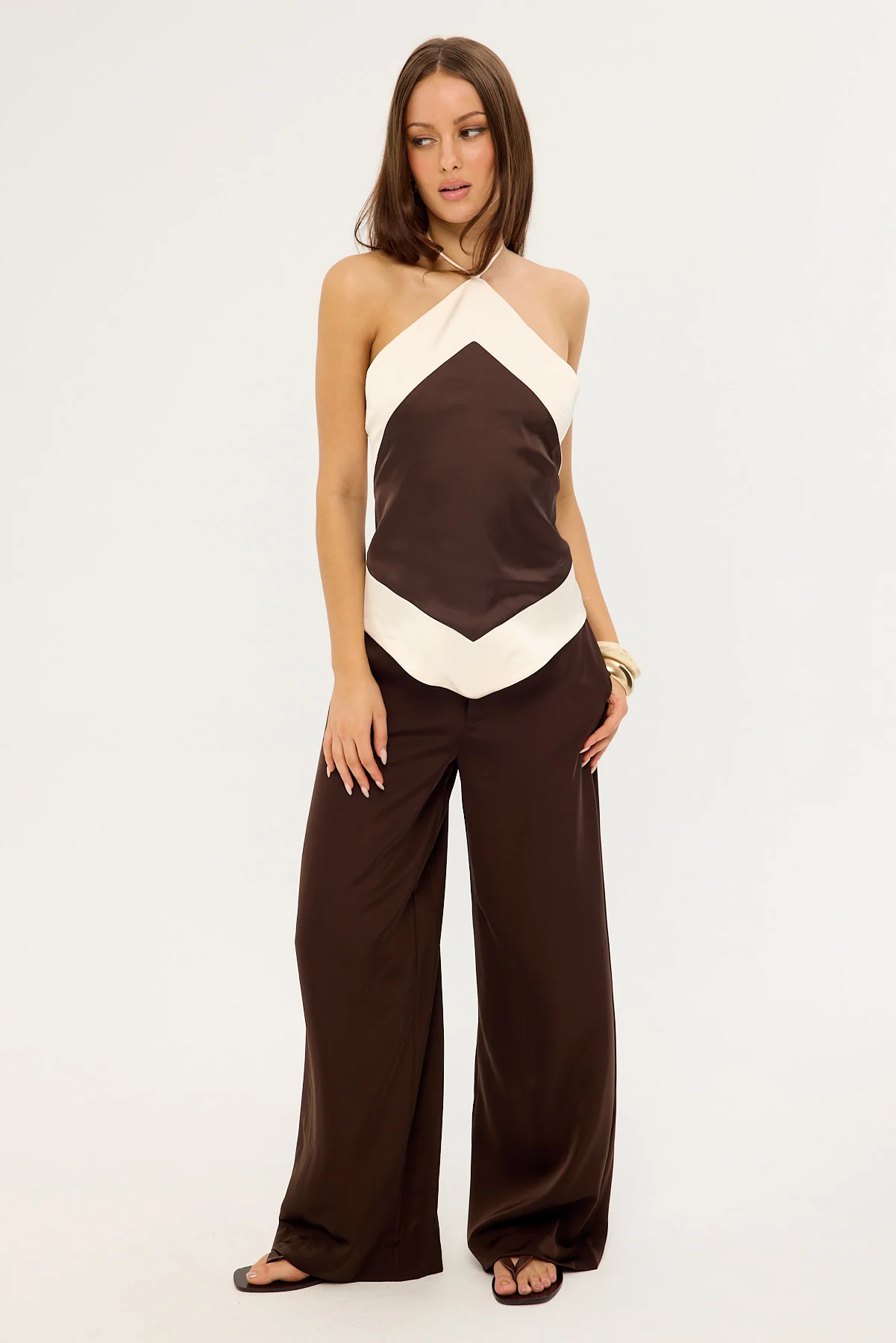 Luck & Trouble Rosa Satin Halter Tie Top Brown - Image 2