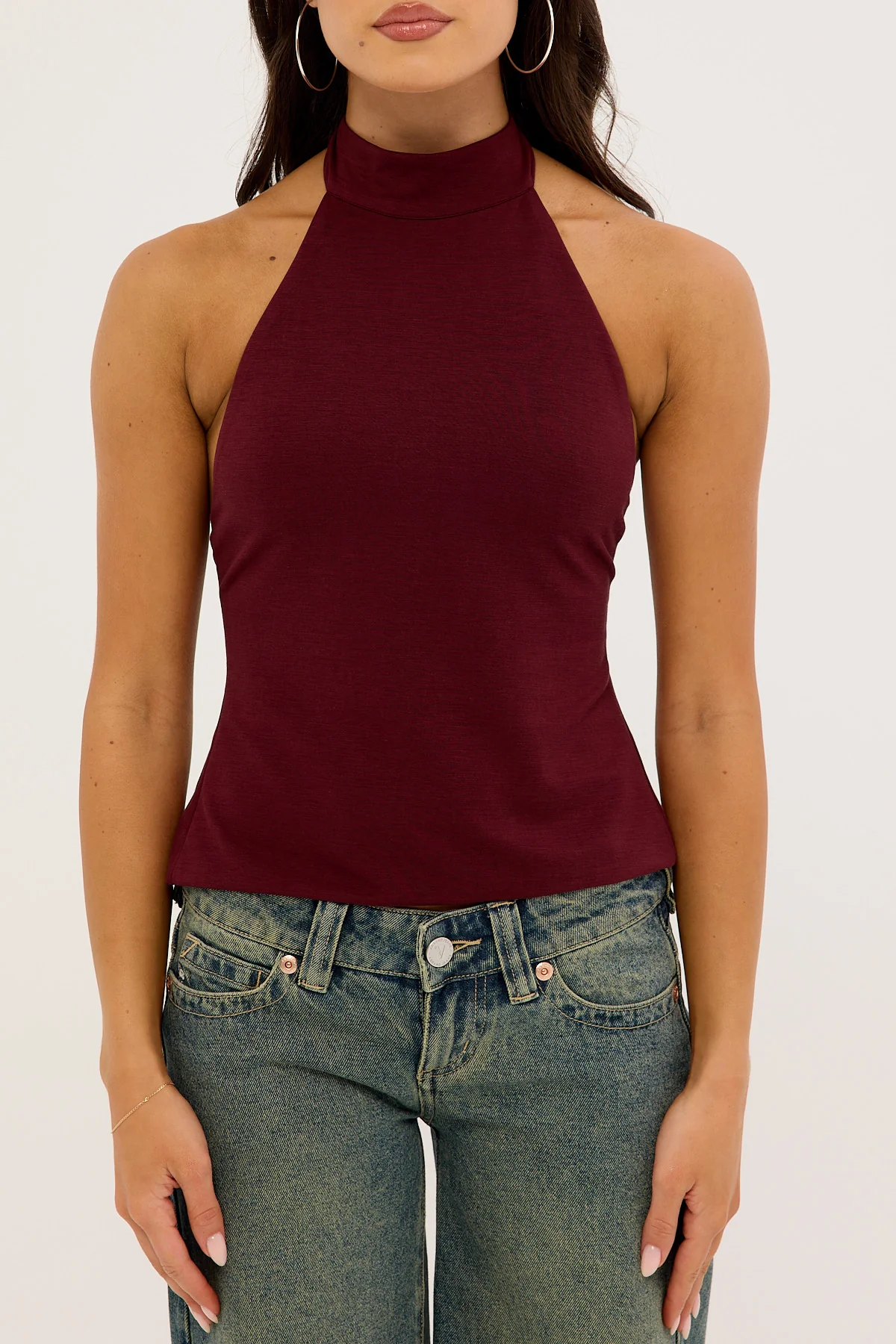 Luck & Trouble Rylan High Neck Jersey Top Burgundy - Image 5