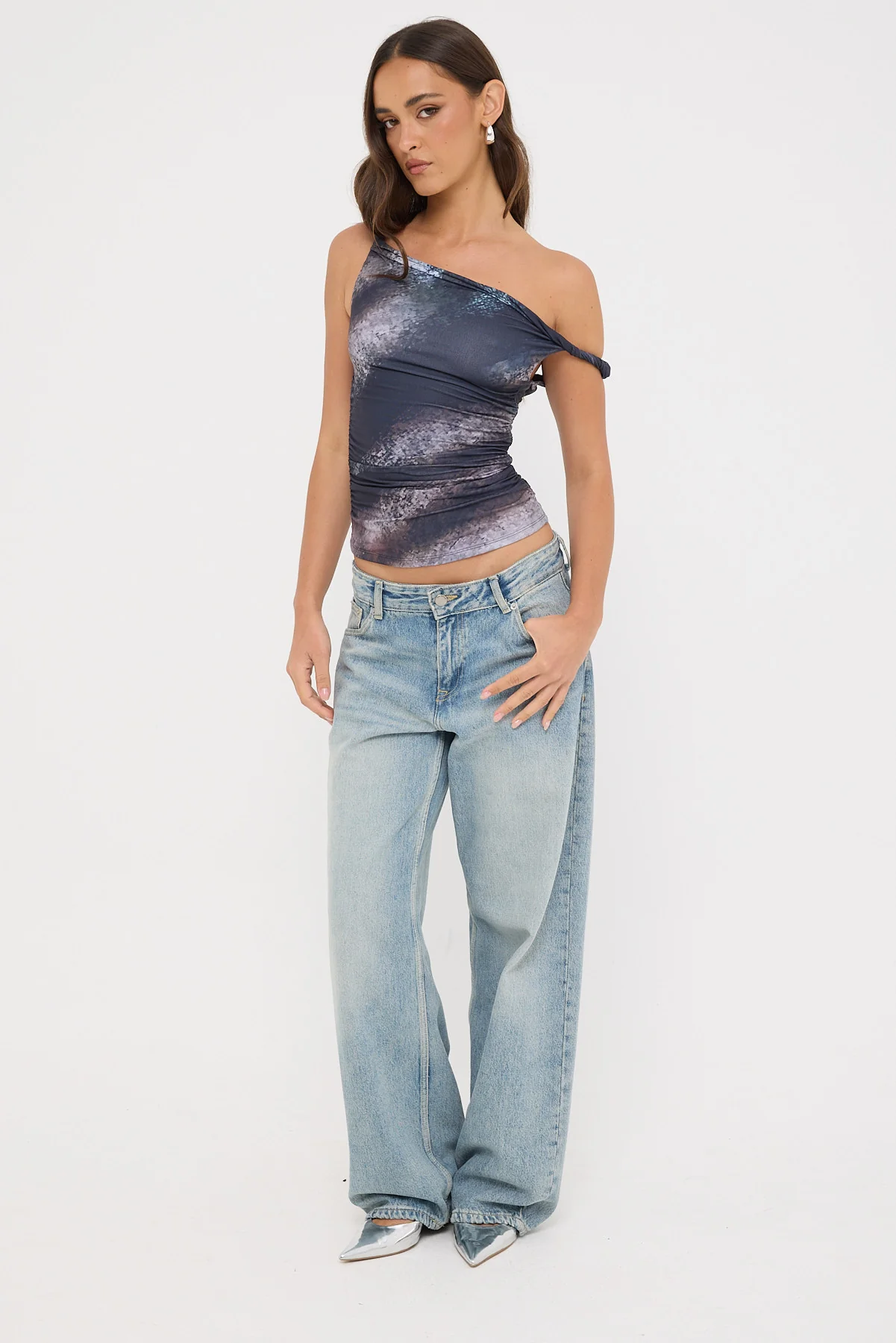 Luck & Trouble Sabina Twist Off Shoulder Top Black Print