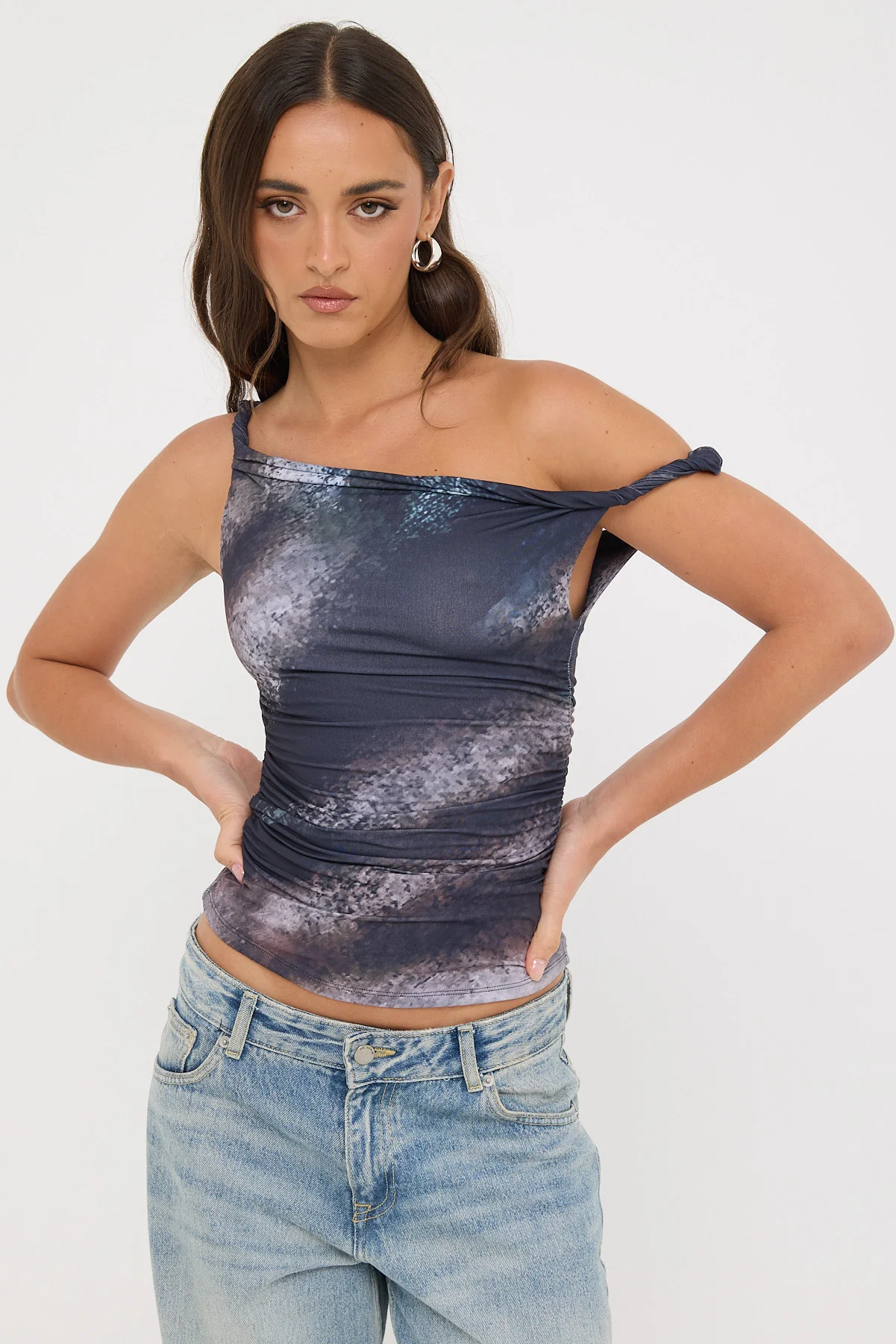 Luck & Trouble Sabina Twist Off Shoulder Top Black Print - Image 2