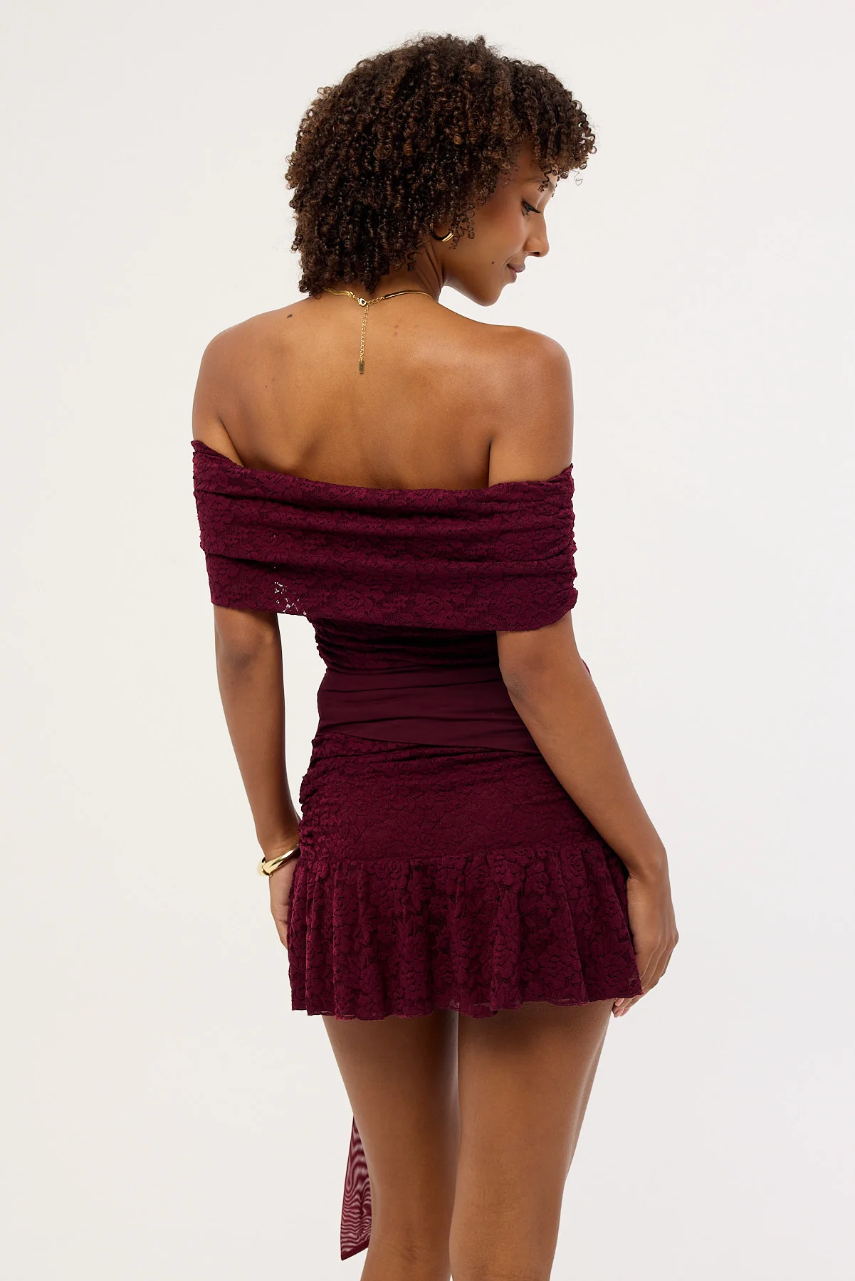 Luck & Trouble Samba Lace Off Shoulder Mini Dress Plum - Image 4