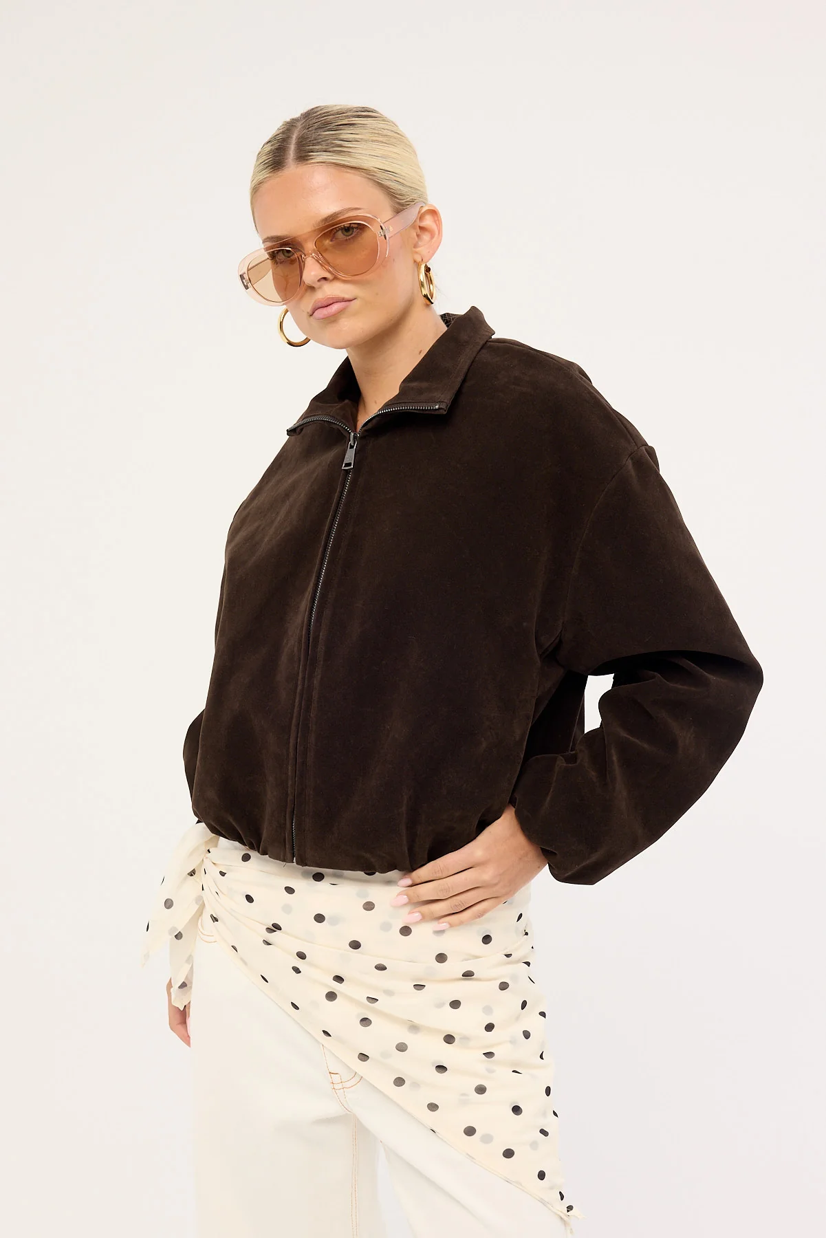Luck & Trouble Seduce Suede PU Bomber Jacket Brown - Image 4