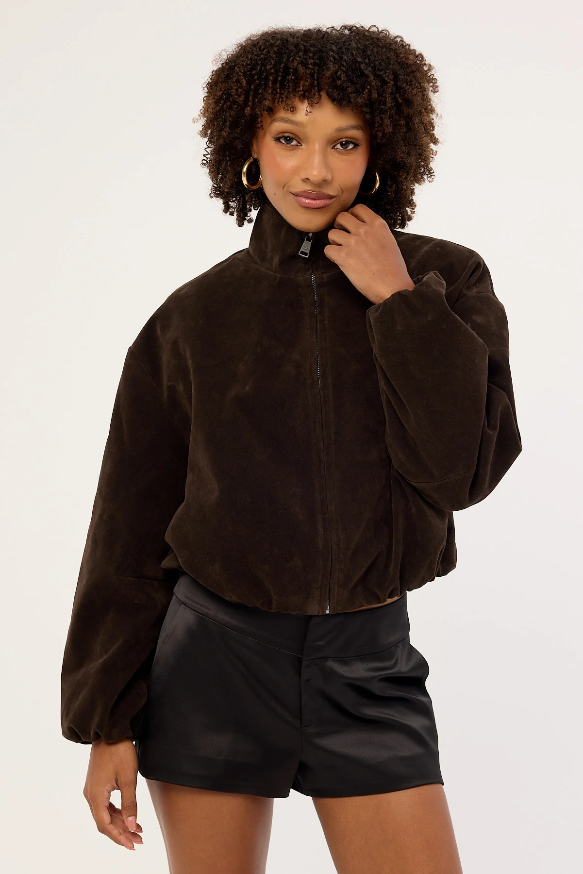 Luck & Trouble Seduce Suede PU Bomber Jacket Brown - Image 9