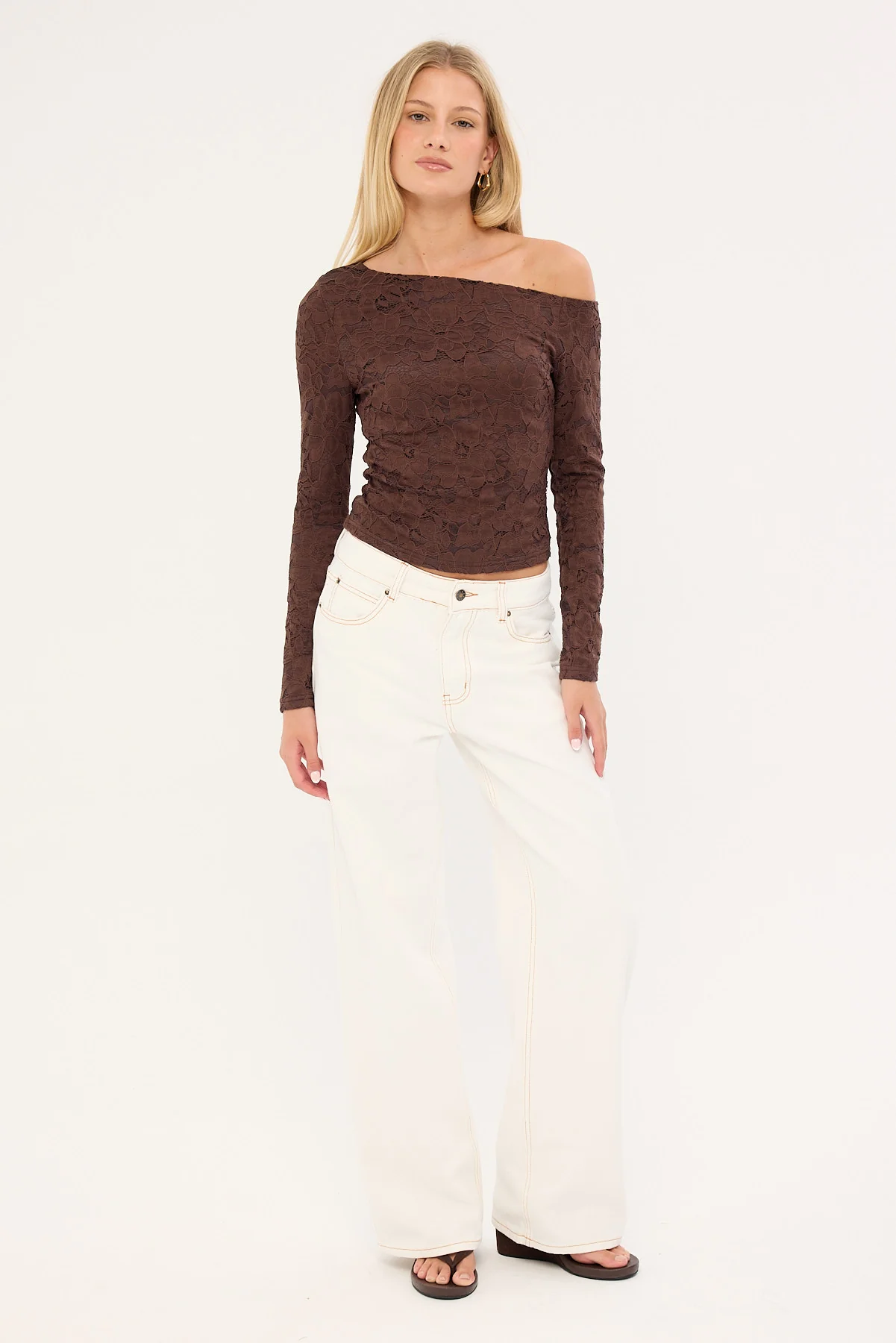 Luck & Trouble Solace Off Shoulder Long Sleeve Lace Top Brown - Image 2