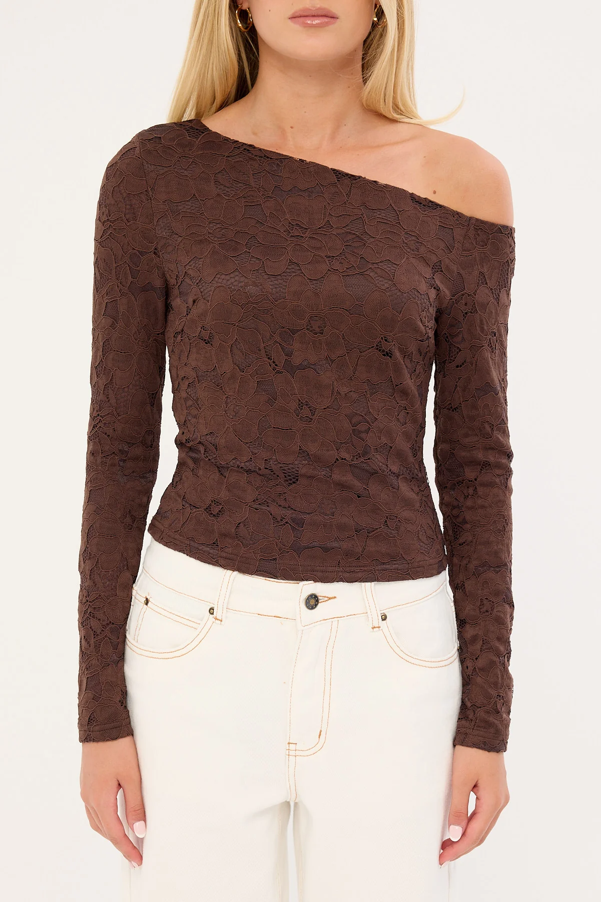 Luck & Trouble Solace Off Shoulder Long Sleeve Lace Top Brown - Image 6