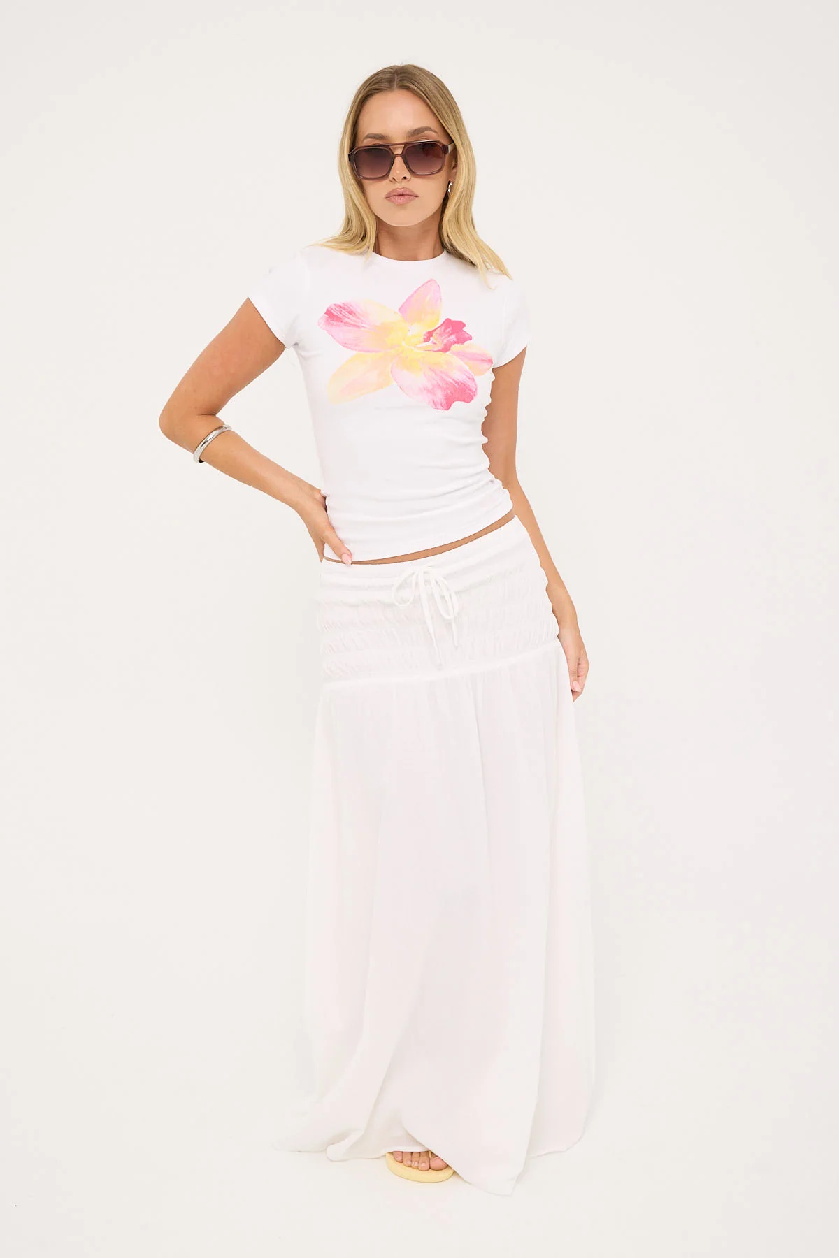 Luck & Trouble Solene Shirred Maxi Skirt White