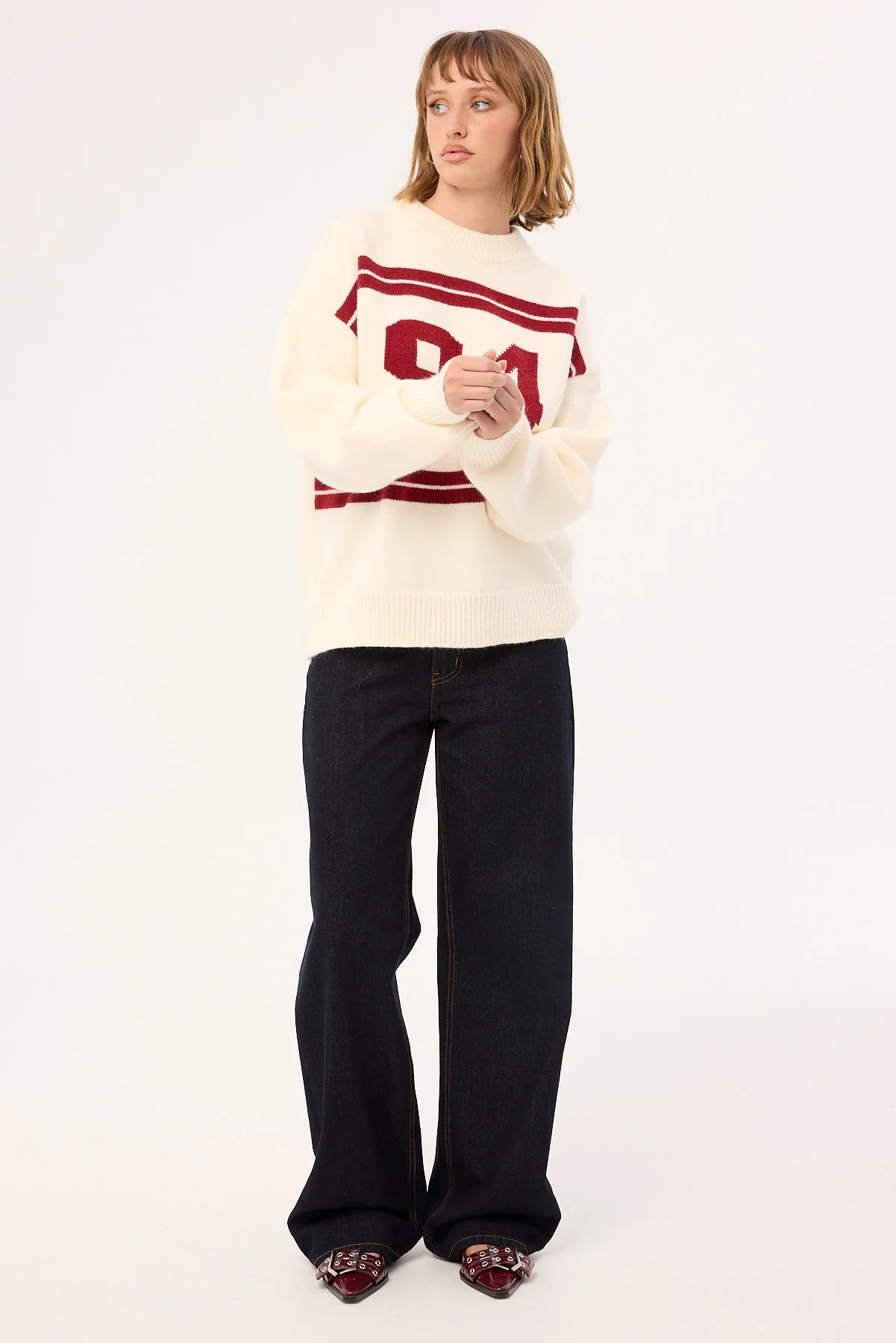 Luck & Trouble Sports Intarsia Knit Jumper Cream - Image 3