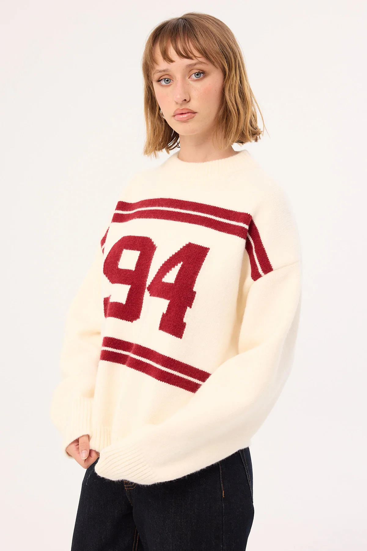 Luck & Trouble Sports Intarsia Knit Jumper Cream - Image 4