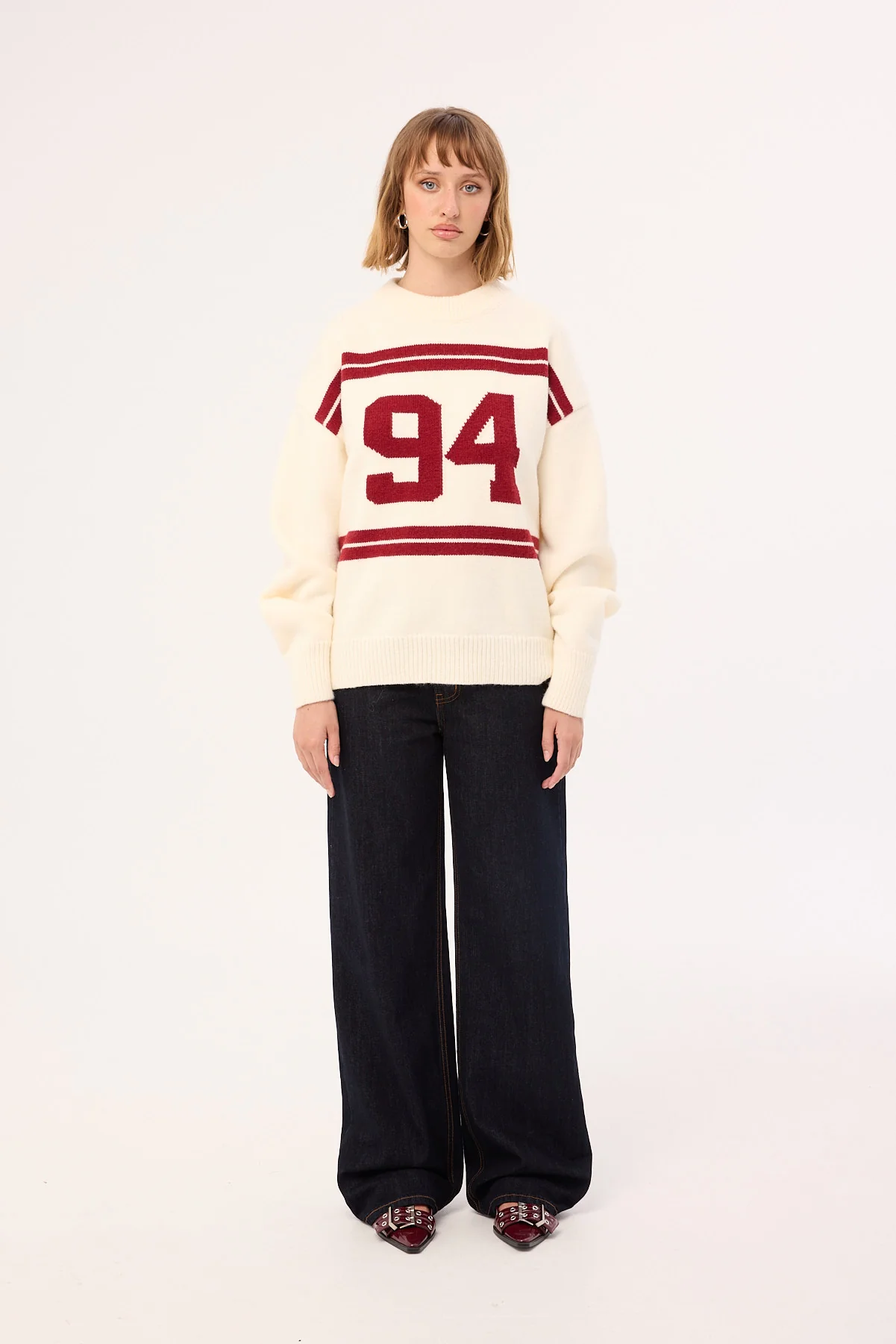 Luck & Trouble Sports Intarsia Knit Jumper Cream - Image 5