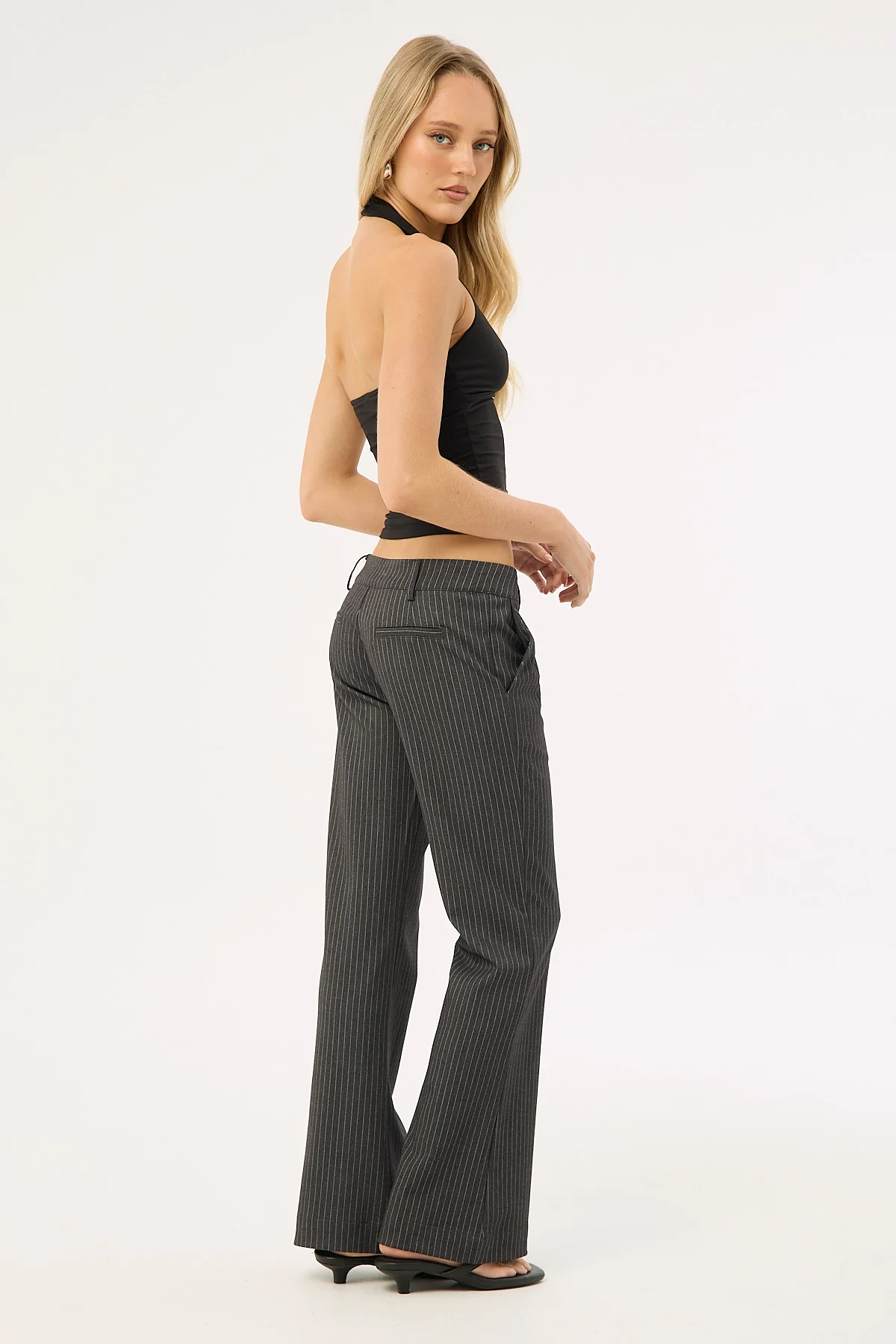 Luck & Trouble Starling Low Rise Bootcut Pant Grey Pinstripe - Image 5