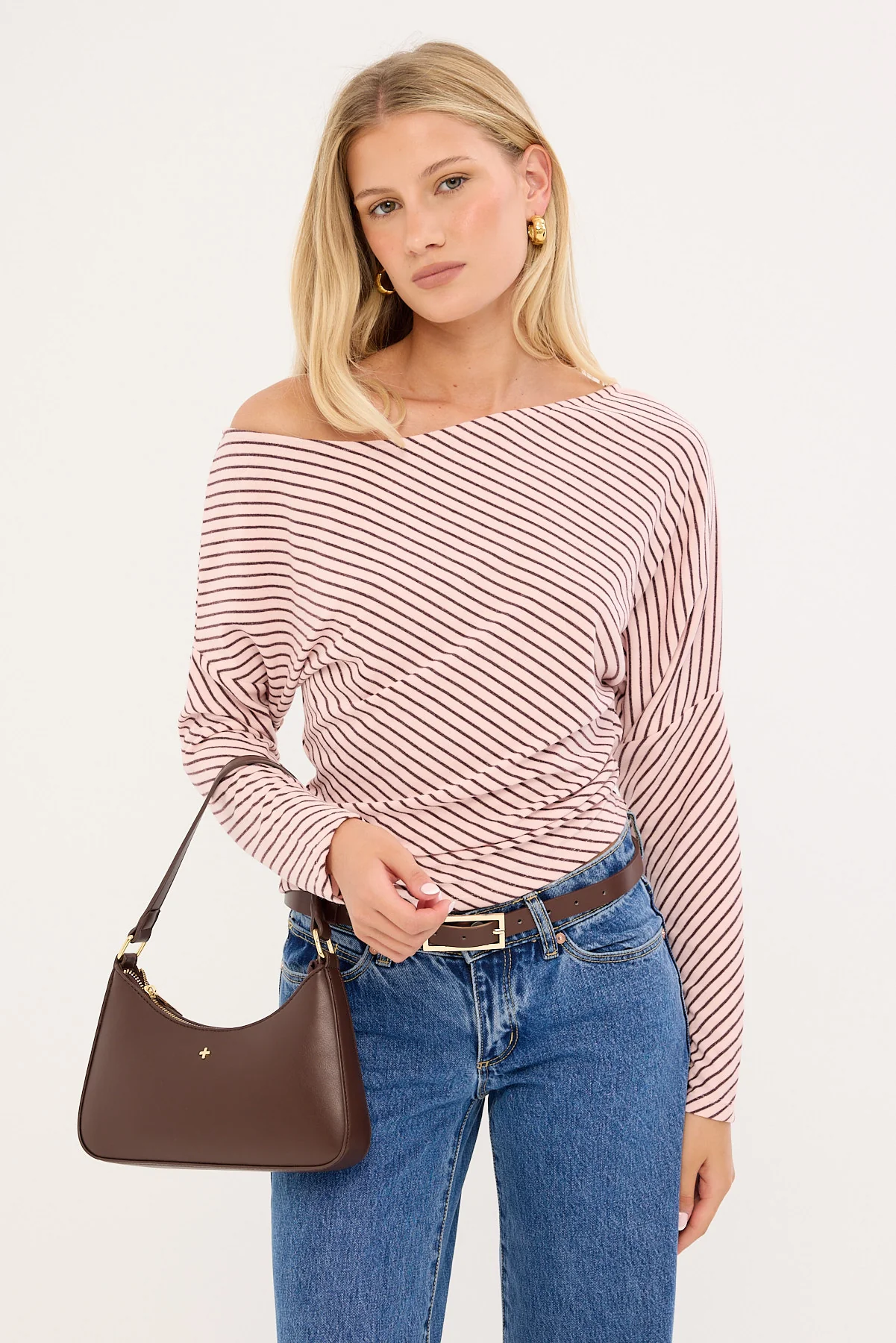 Luck & Trouble Stripe Off Shoulder Long Sleeve T-shirt Pink and Burgundy
