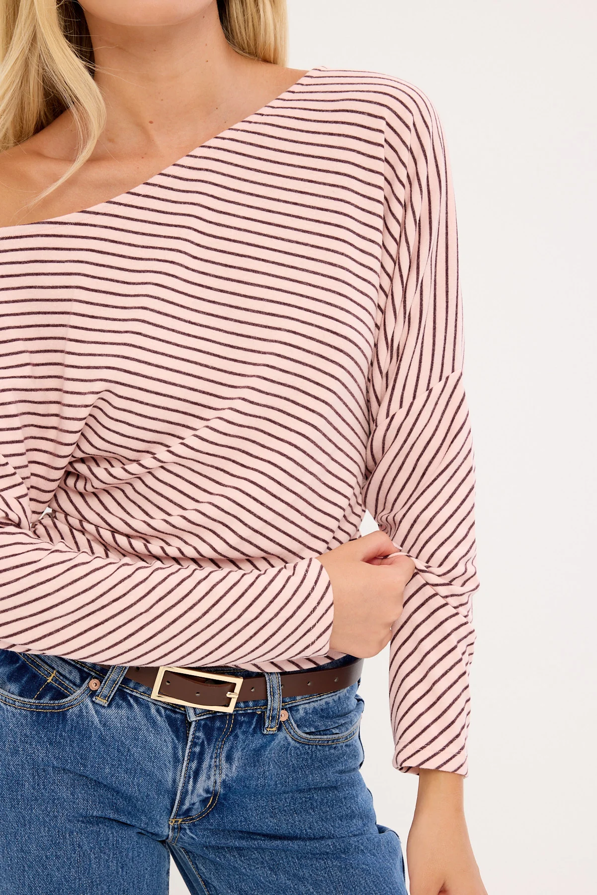 Luck & Trouble Stripe Off Shoulder Long Sleeve T-shirt Pink and Burgundy - Image 3