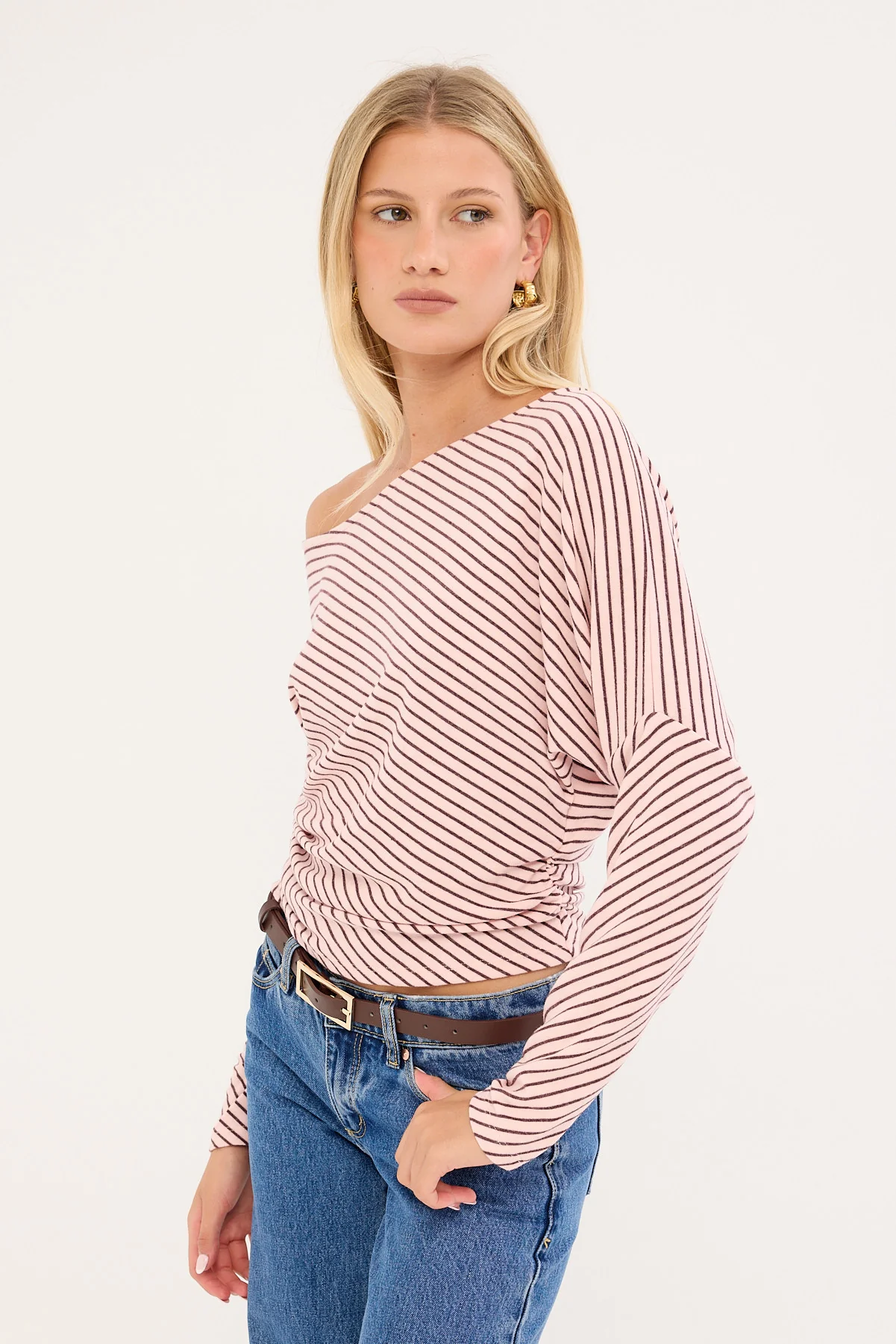 Luck & Trouble Stripe Off Shoulder Long Sleeve T-shirt Pink and Burgundy - Image 4