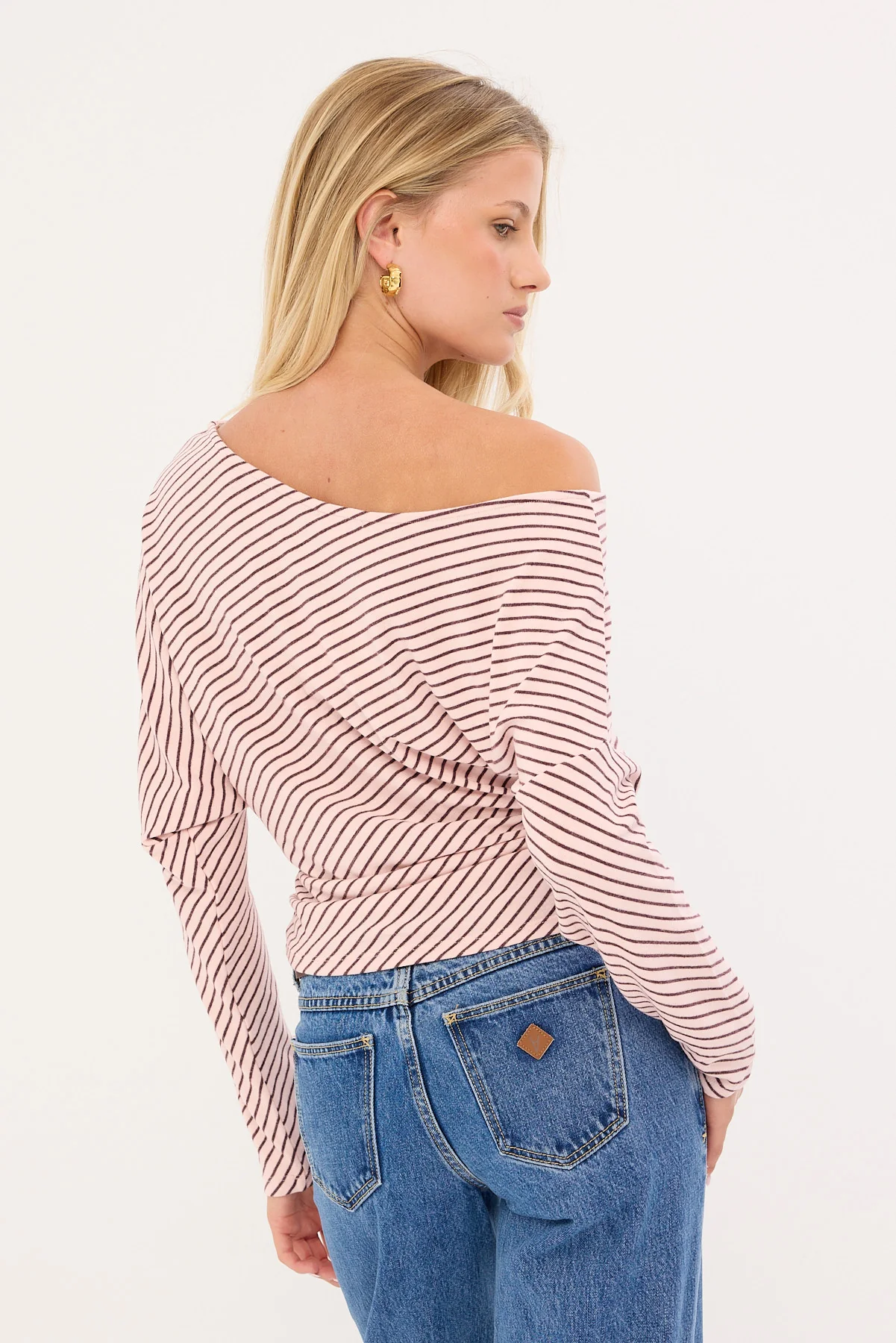 Luck & Trouble Stripe Off Shoulder Long Sleeve T-shirt Pink and Burgundy - Image 5