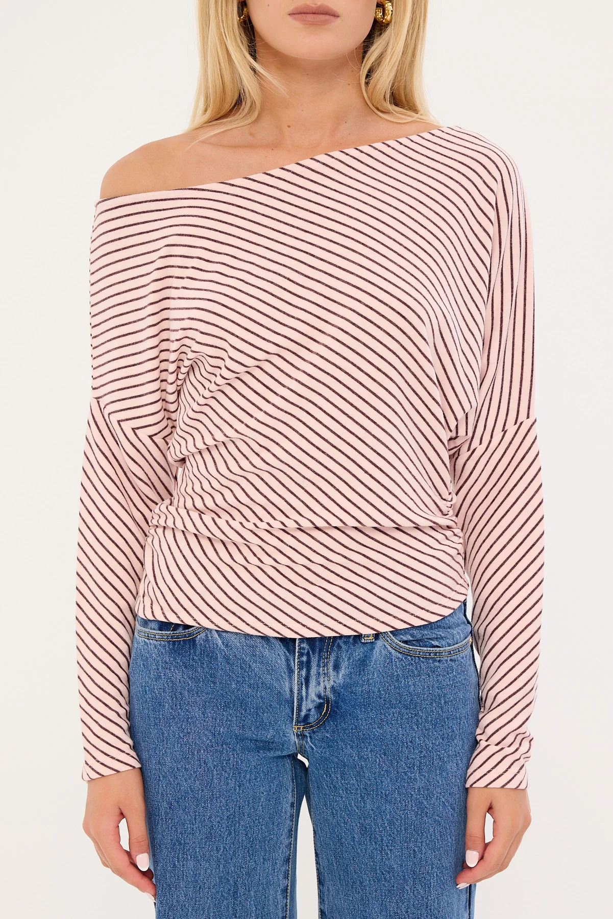 Luck & Trouble Stripe Off Shoulder Long Sleeve T-shirt Pink and Burgundy - Image 6