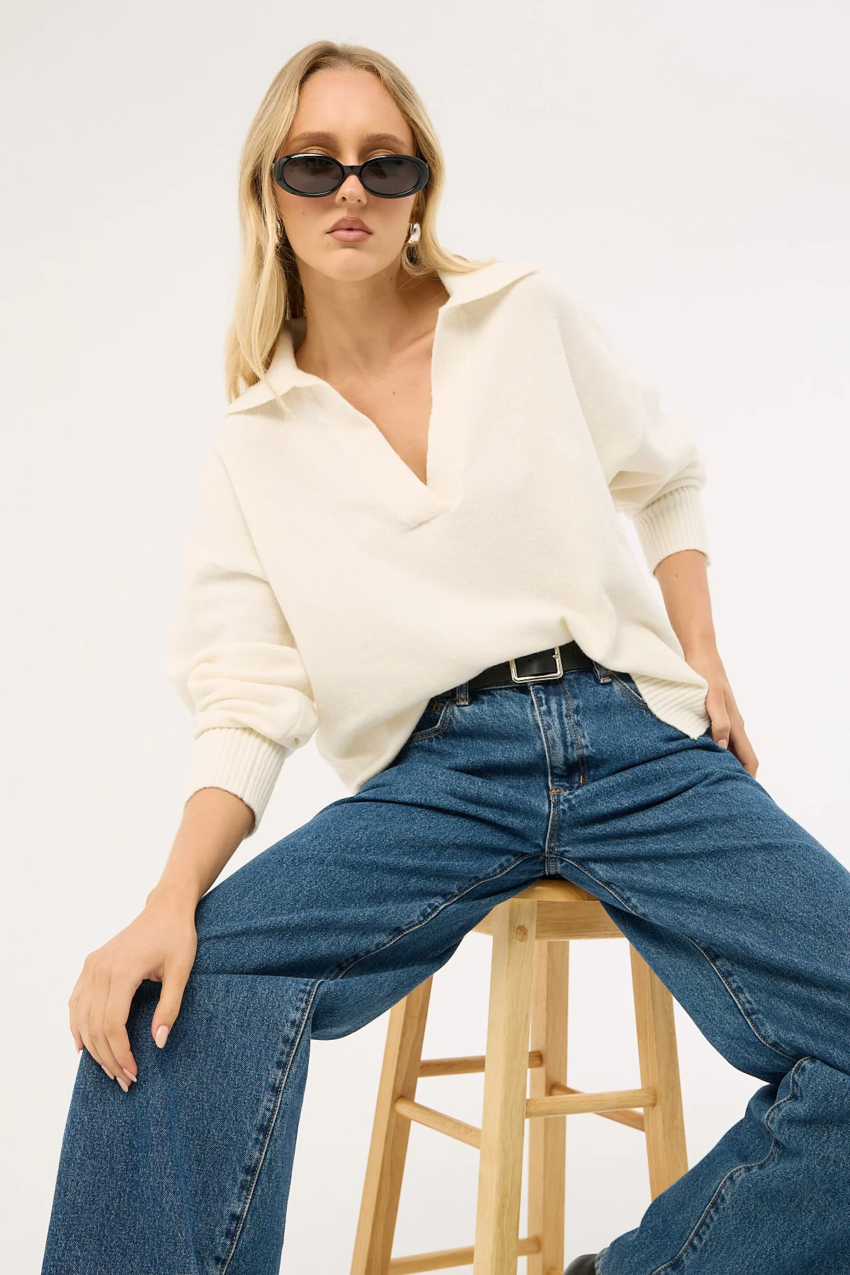 Luck & Trouble Thea Open Collar Knit Jumper Off White
