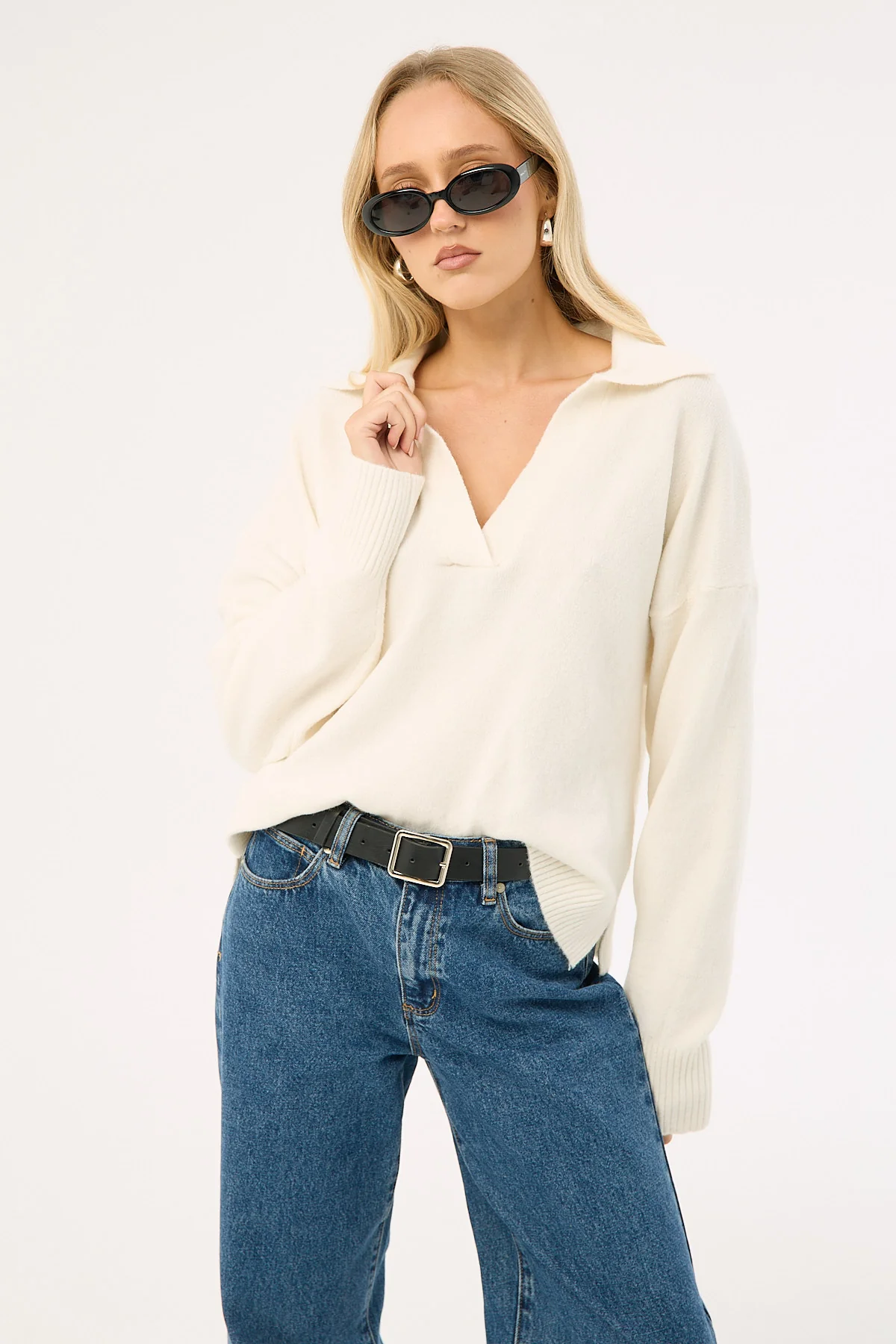 Luck & Trouble Thea Open Collar Knit Jumper Off White - Image 5