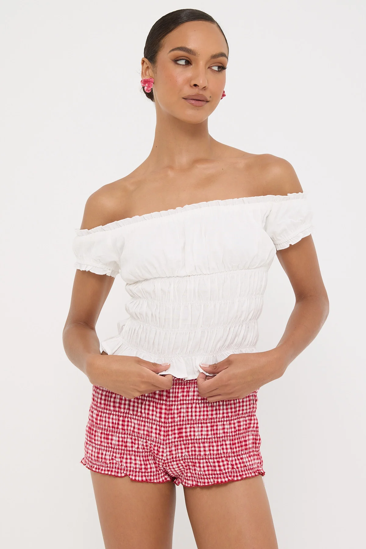 Luck & Trouble Verona Off Shoulder Ruched Top White - Image 3