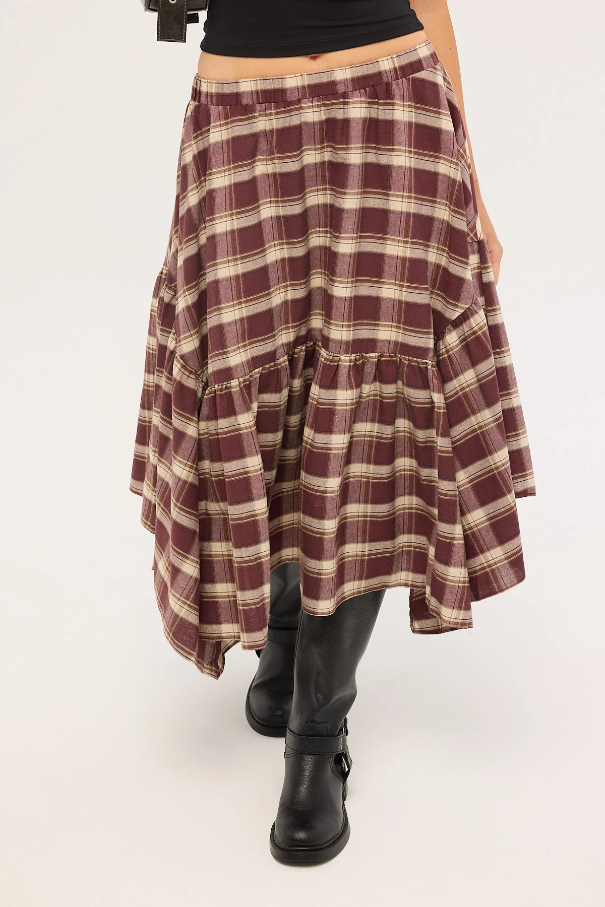 Luck & Trouble Vintage Check Midi Skirt Brown Print - Image 2