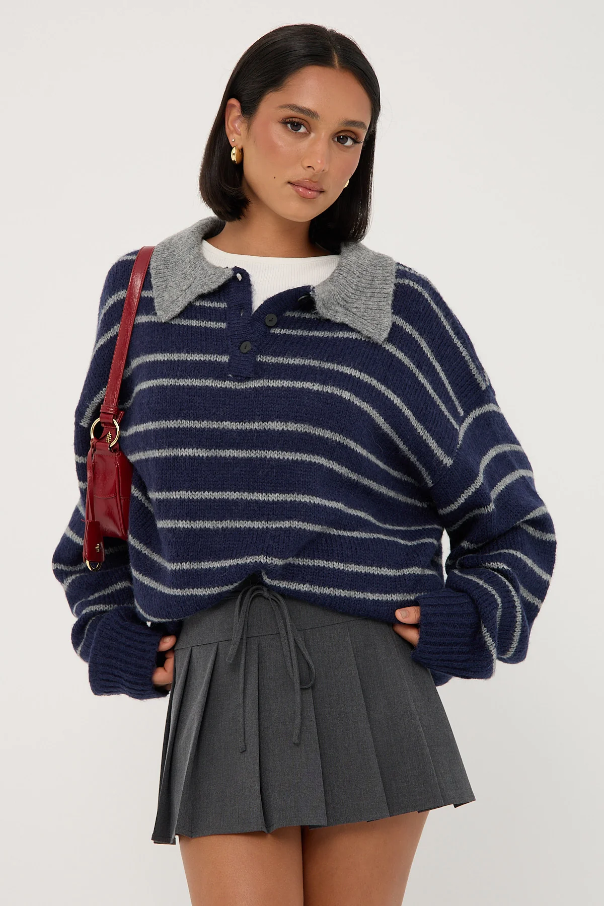 Luck & Trouble Waist Cord Tie Pleated Skirt Grey