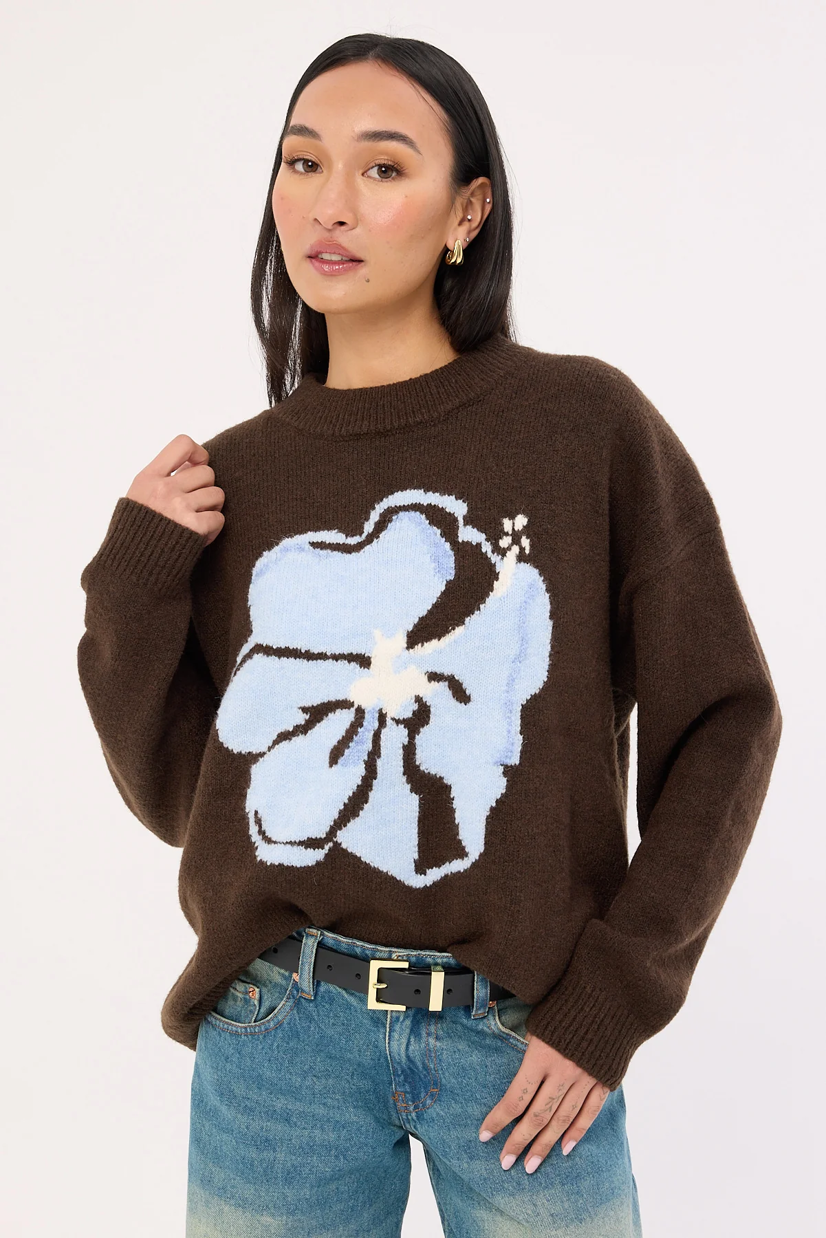 Luck & Trouble Zinnia Intarsia Knit Jumper Brown - Image 3