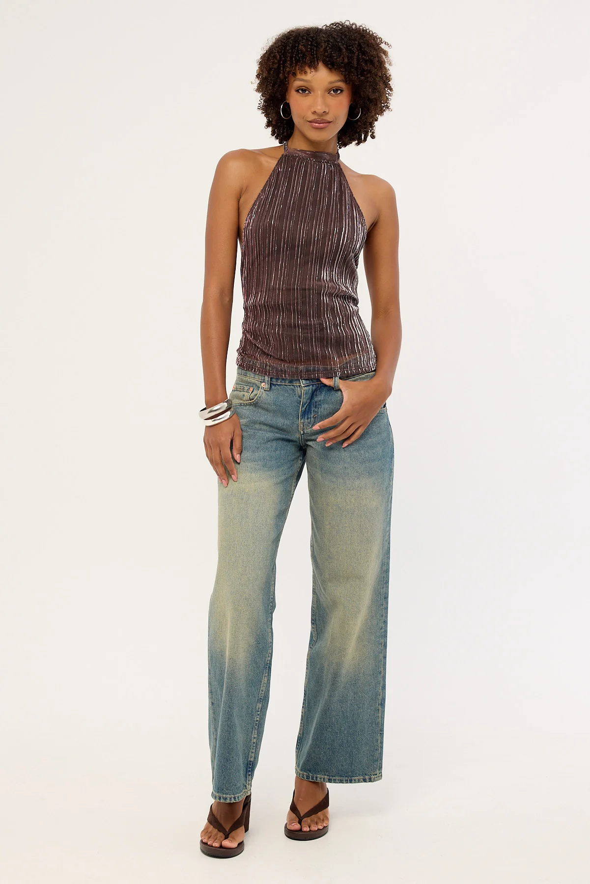 Motel Brienne Top Brown Shimmer Sheer Plisse - Image 2
