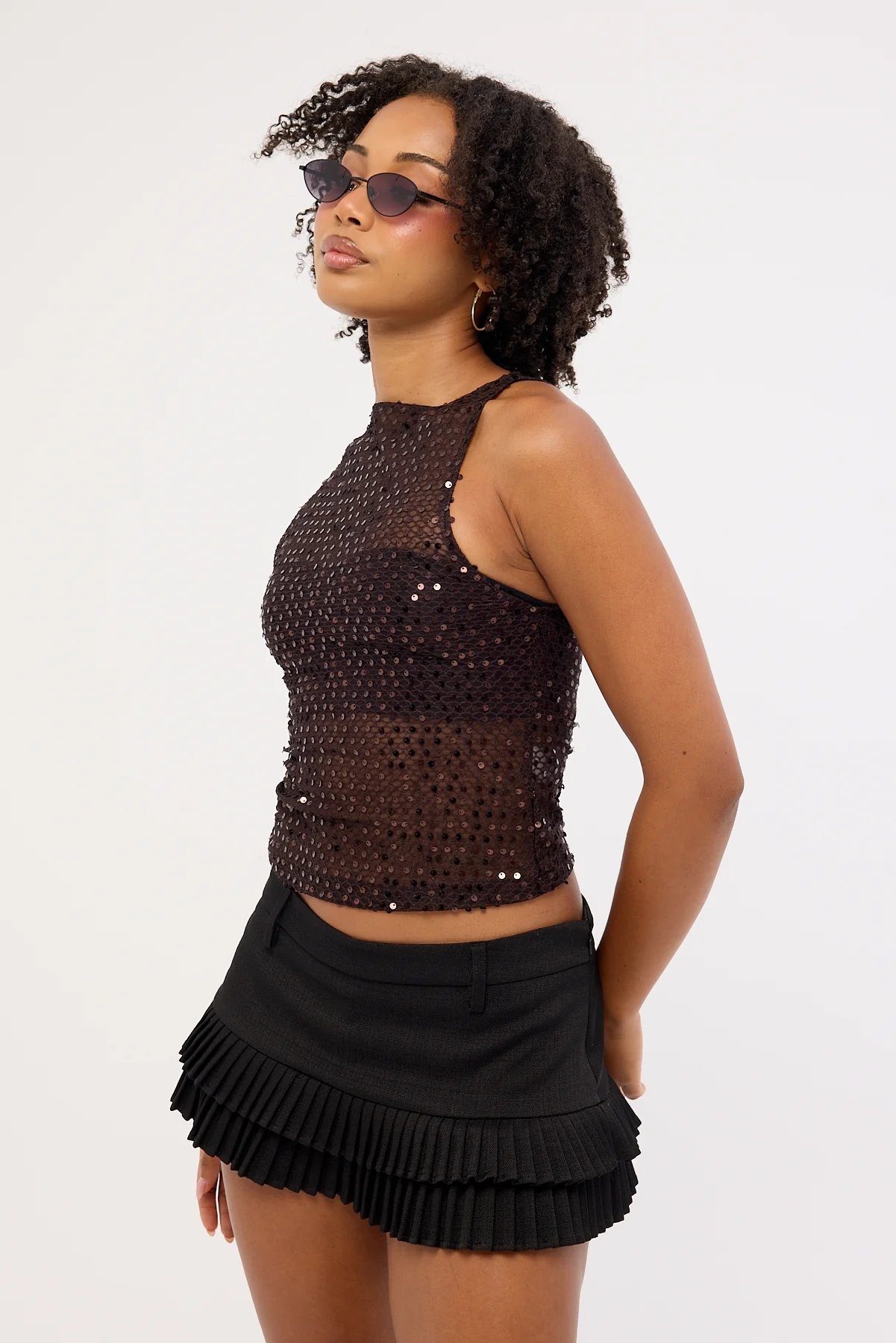 Motel Dudley Vest Top Sequin Knit Coffee - Image 3