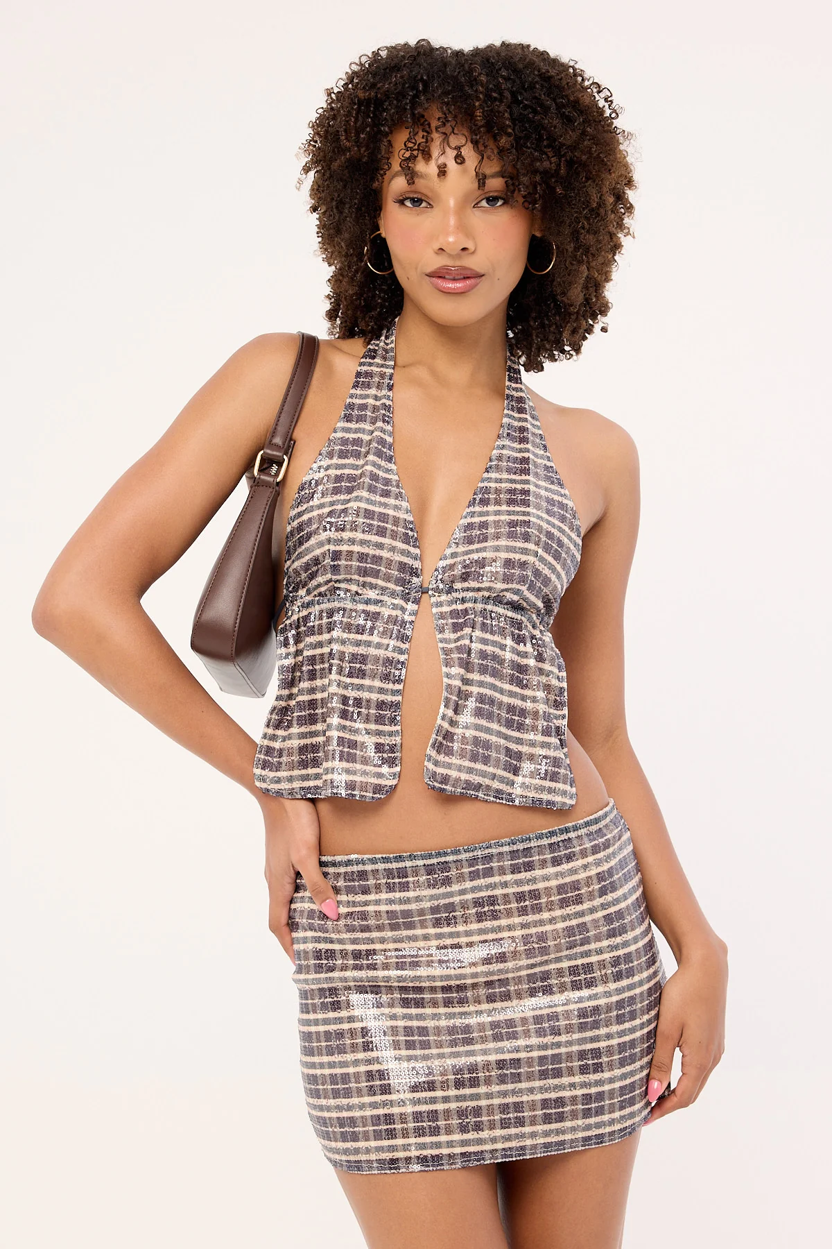Motel Guizio Skirt Sequin Vintage Check Brown - Image 2