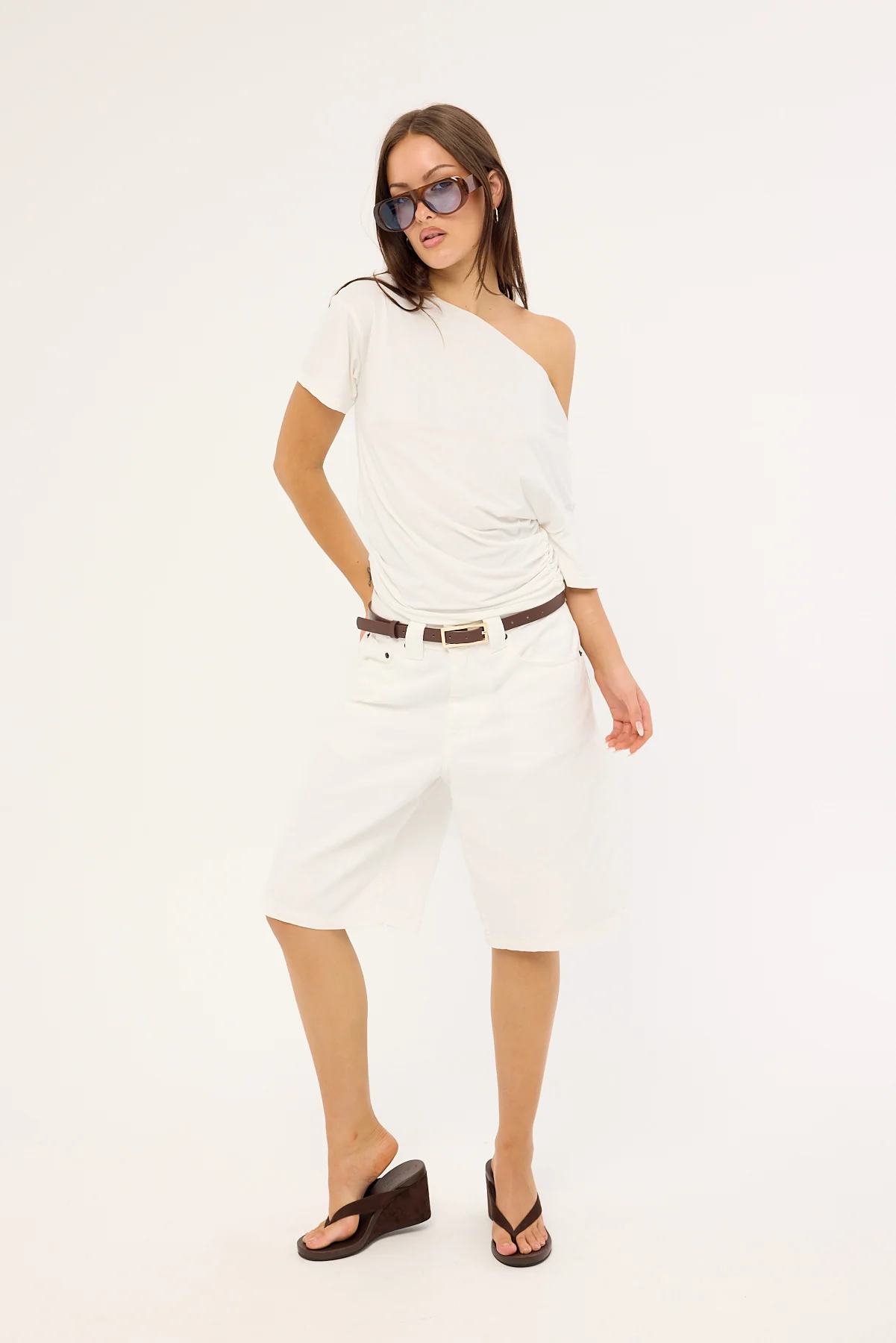 Motel Low Rise Denim Skater Shorts True White