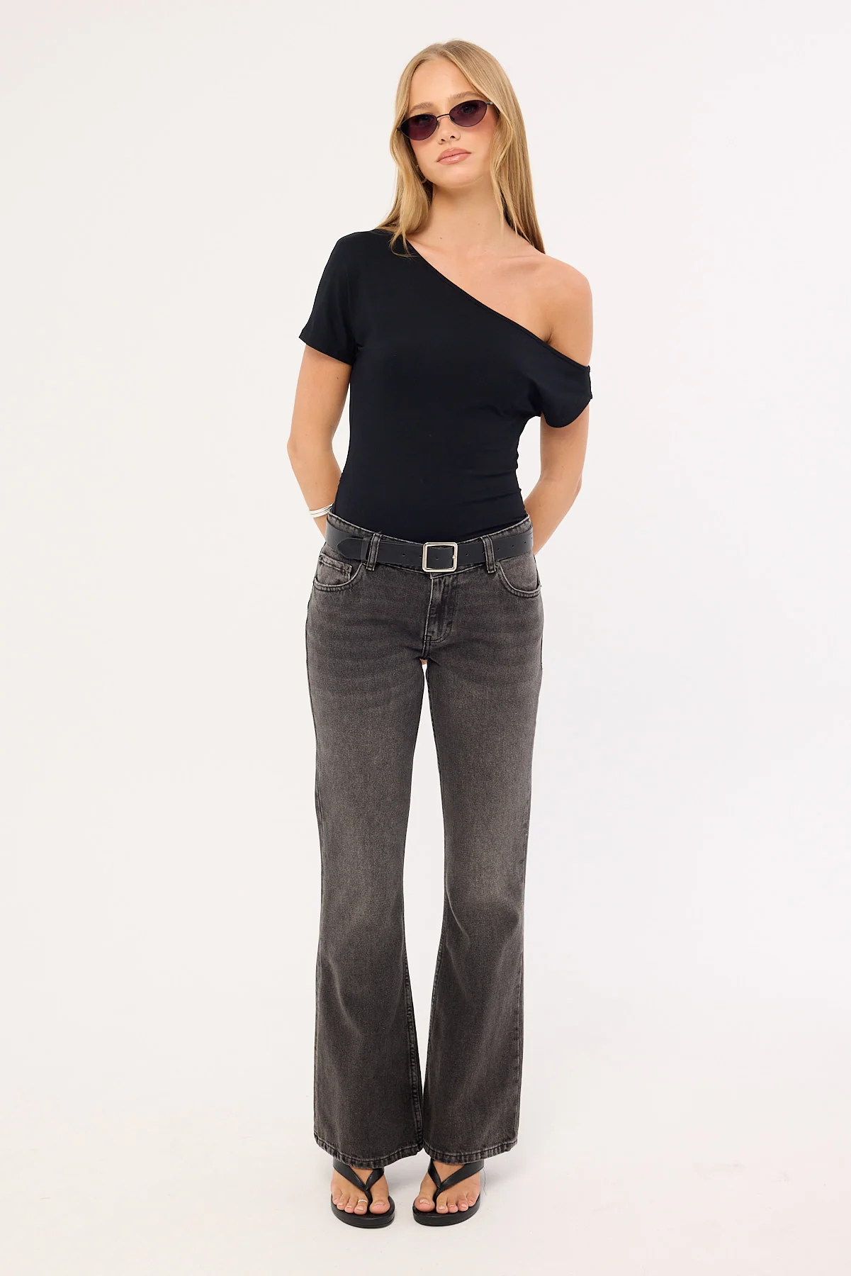 Motel Rigid Low Rise Flare Jeans Washed Black Grey