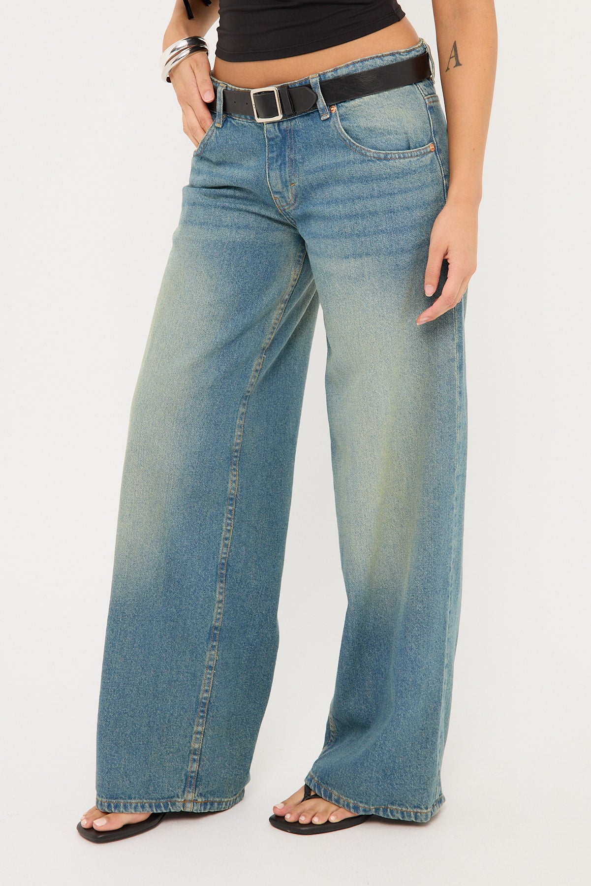 Motel Roomy Extra Wide Low Rise Jean Vintage Blue Green - Image 9