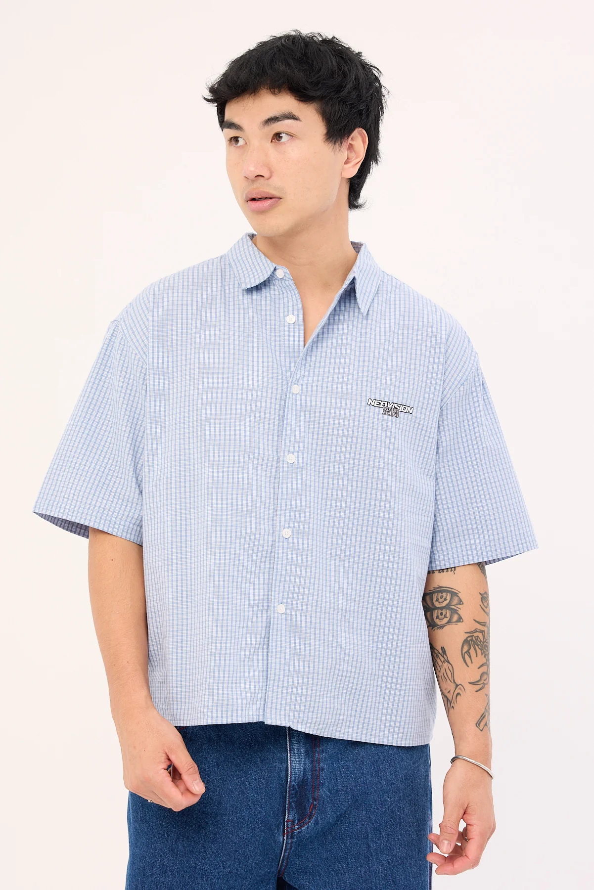 Neovision Break Oversize Cropped Shirt Blue Check