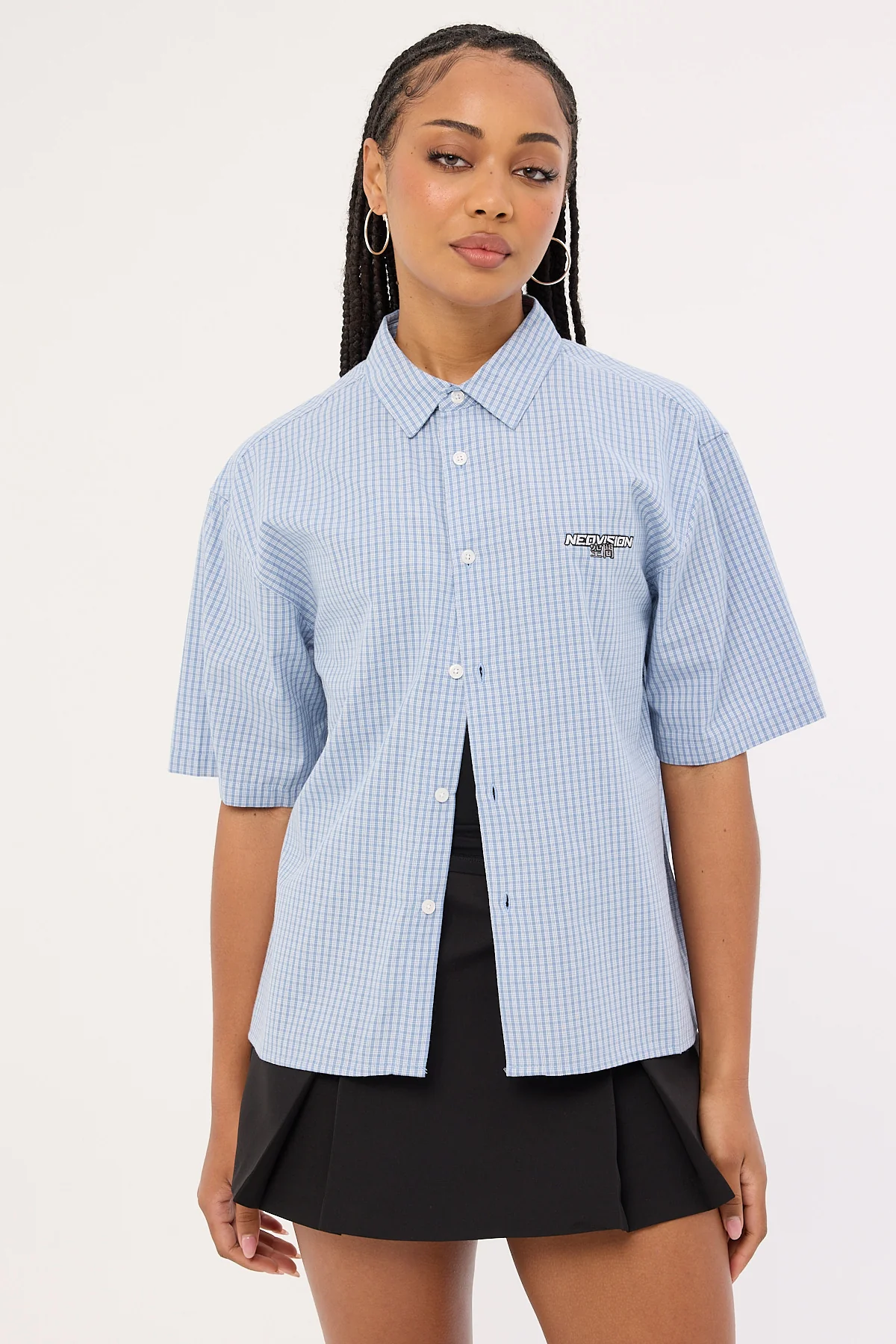 Neovision Break Oversize Cropped Shirt Blue Check - Image 2