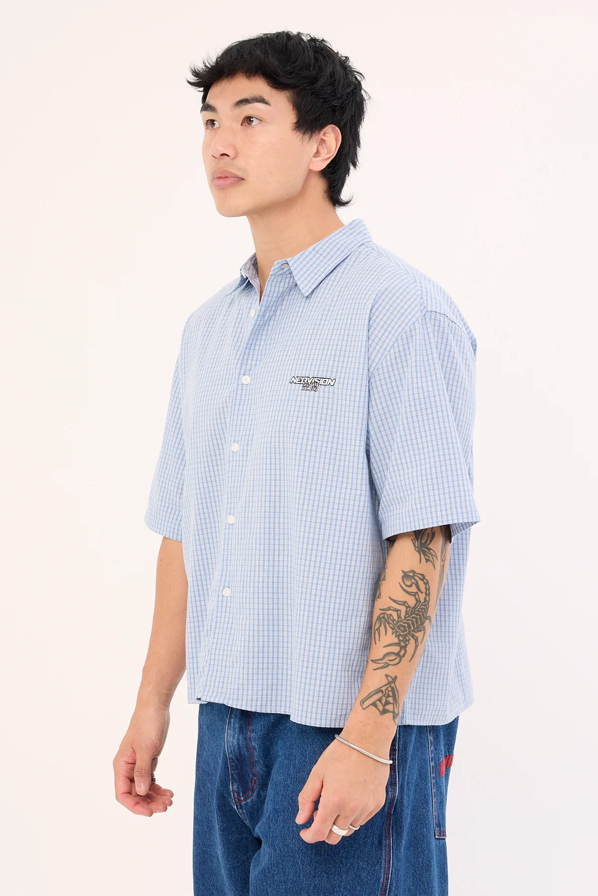 Neovision Break Oversize Cropped Shirt Blue Check - Image 5