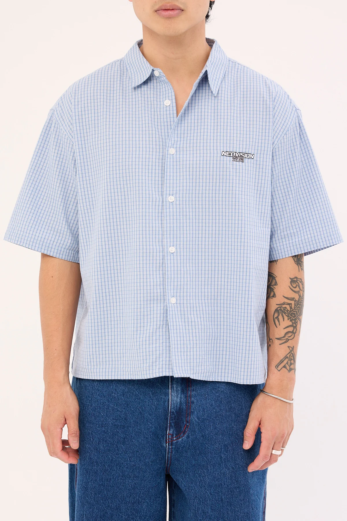 Neovision Break Oversize Cropped Shirt Blue Check - Image 8