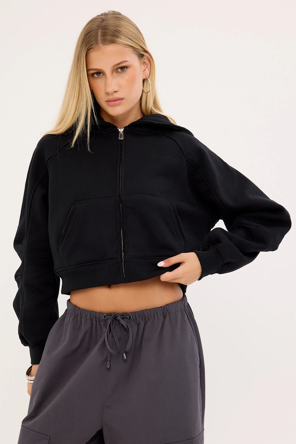 Neovision Control Cropped Zip Through Hoodie Black