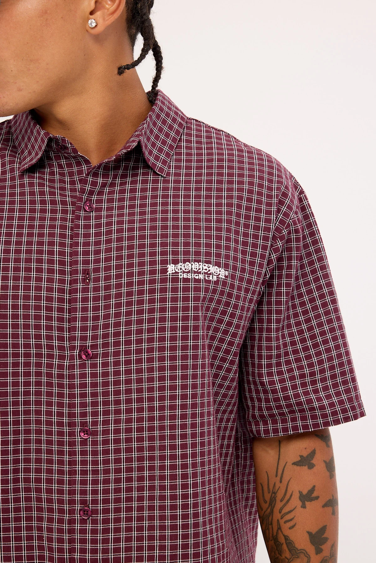 Neovision Corrode Oversize Check Cropped Shirt Burgundy Check - Image 3