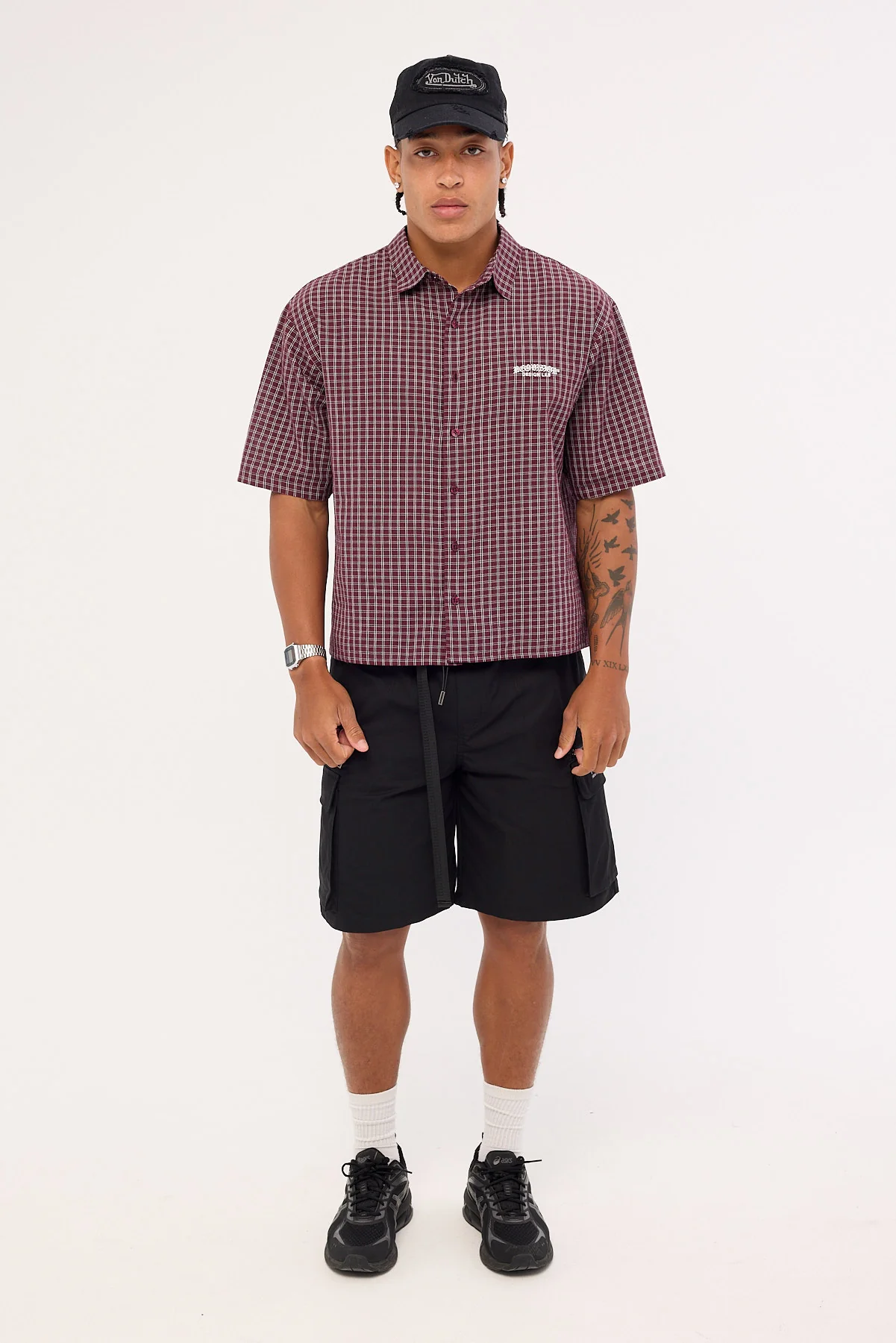 Neovision Corrode Oversize Check Cropped Shirt Burgundy Check - Image 5