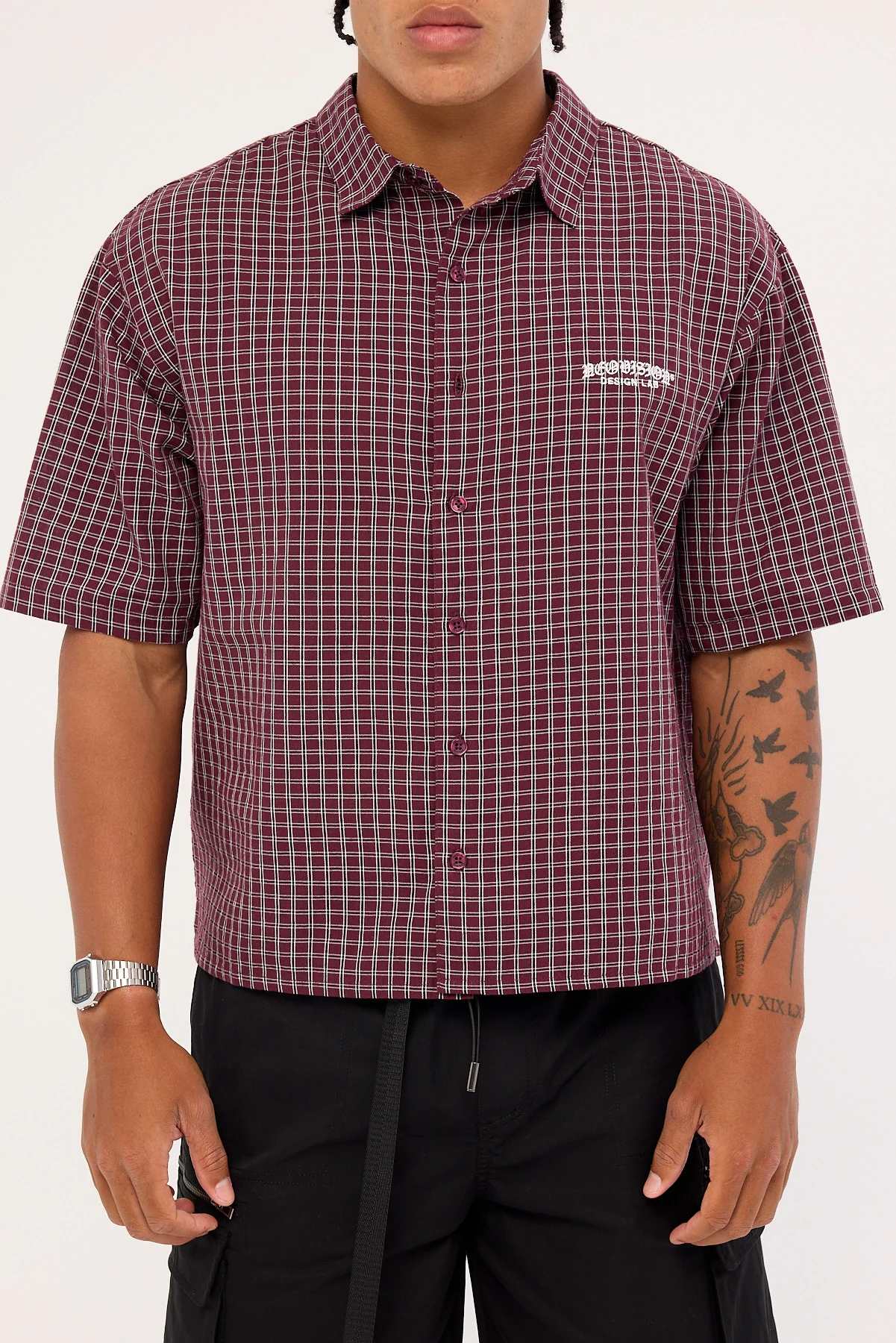 Neovision Corrode Oversize Check Cropped Shirt Burgundy Check - Image 7