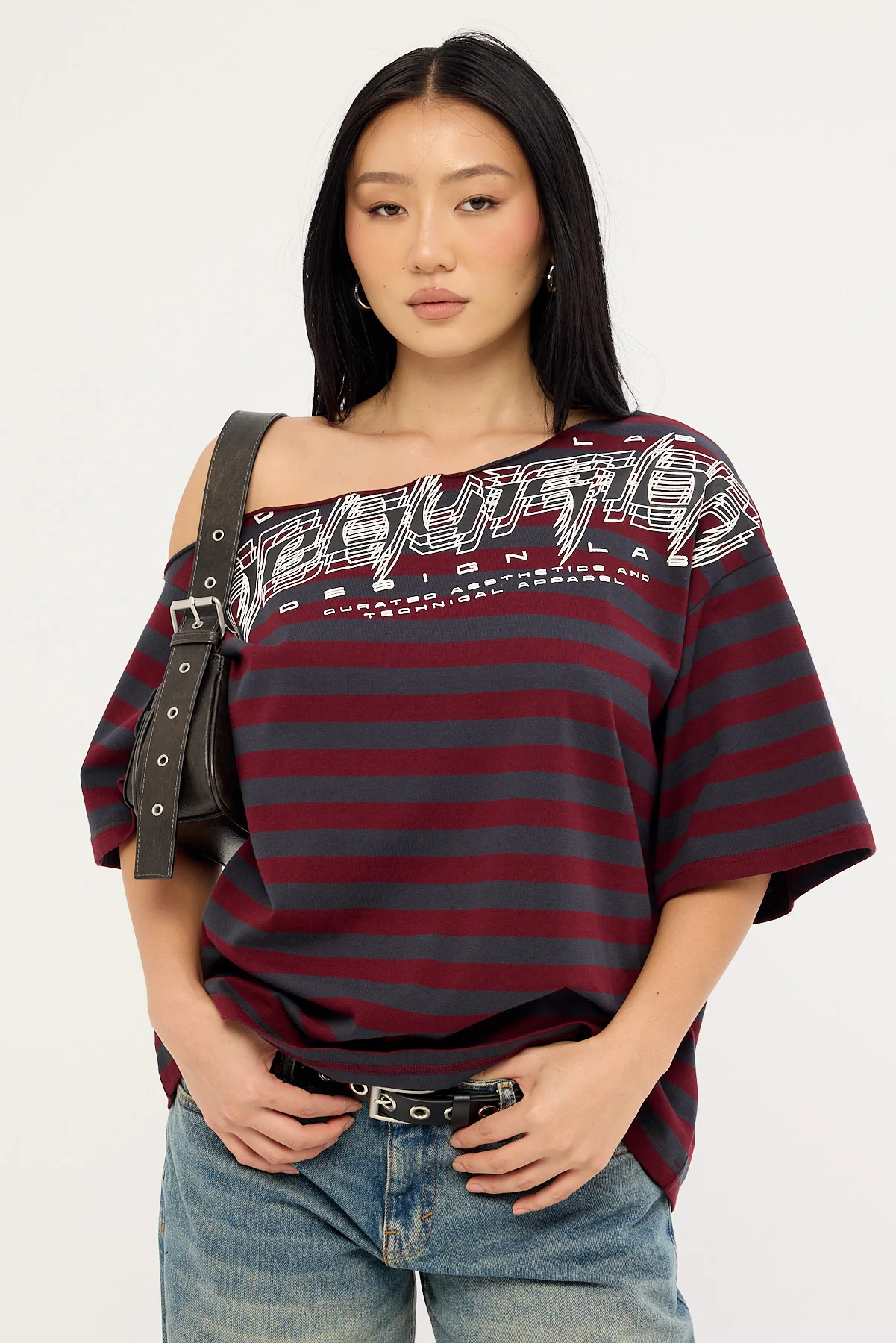 Neovision Corrupt Off Shoulder Relaxed Tee Burgundy Stripe