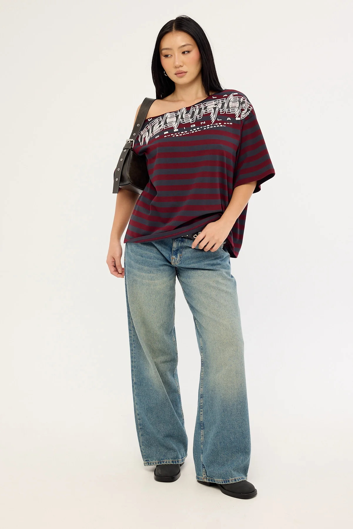 Neovision Corrupt Off Shoulder Relaxed Tee Burgundy Stripe - Image 2