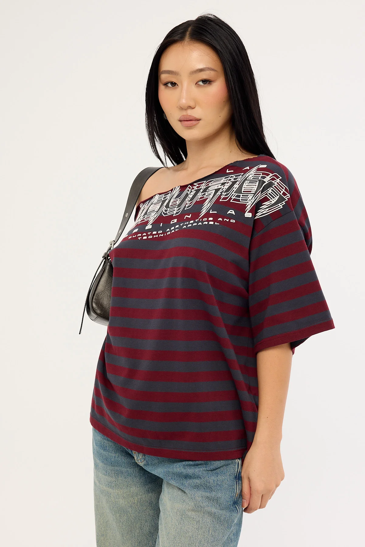 Neovision Corrupt Off Shoulder Relaxed Tee Burgundy Stripe - Image 4