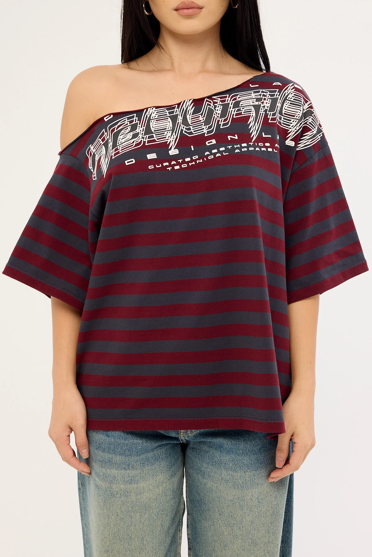 Neovision Corrupt Off Shoulder Relaxed Tee Burgundy Stripe - Image 6