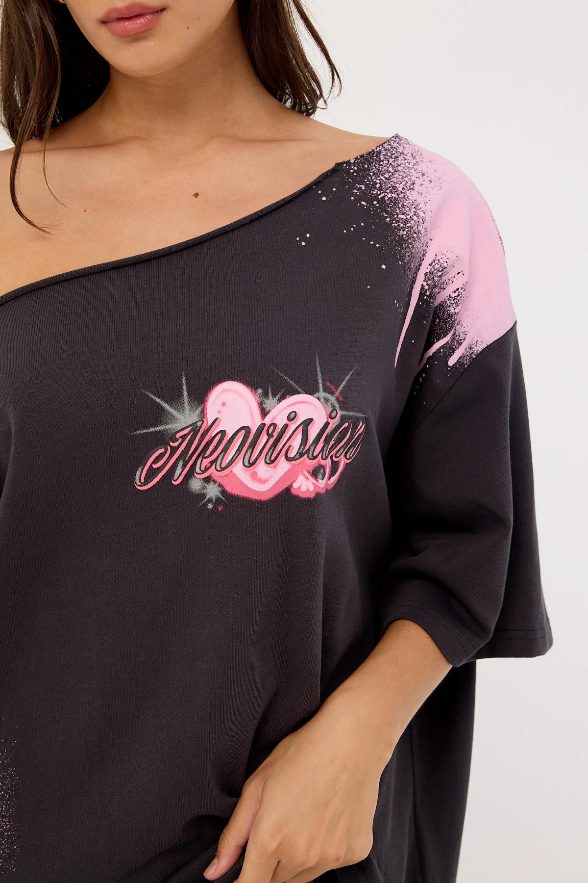 Neovision Digi Off Shoulder Relaxed Tee Washed Black - Image 3
