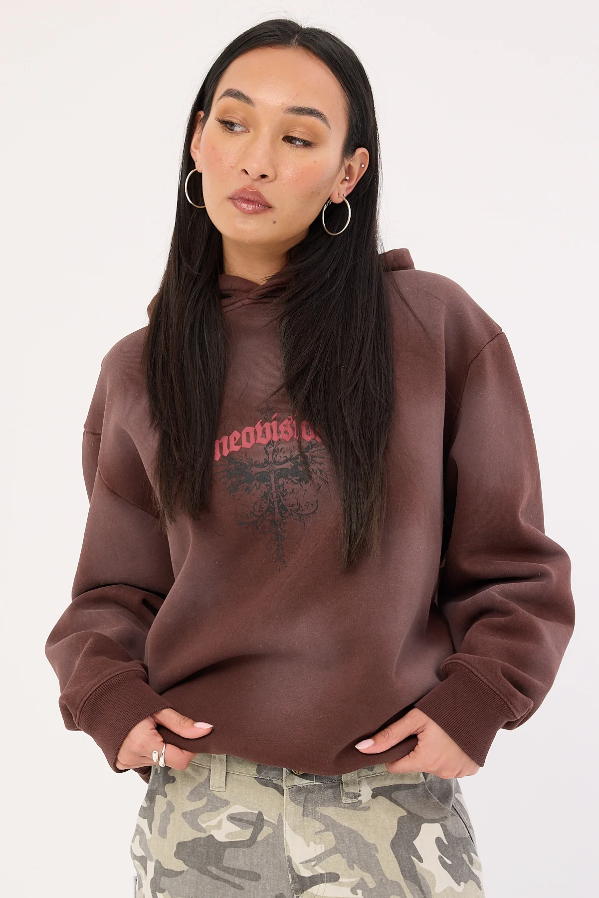 Neovision Fallen Cross Relaxed Hoodie Washed Brown