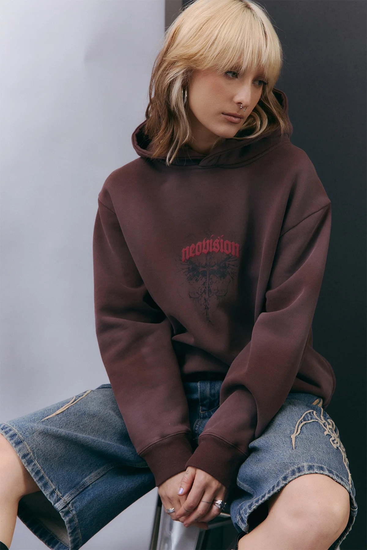 Neovision Fallen Cross Relaxed Hoodie Washed Brown - Image 2