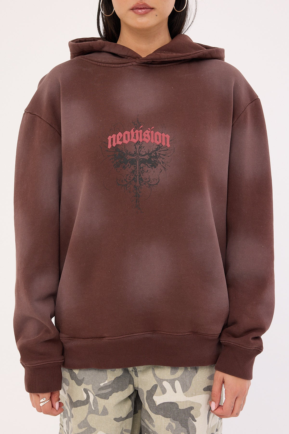 Neovision Fallen Cross Relaxed Hoodie Washed Brown - Image 9
